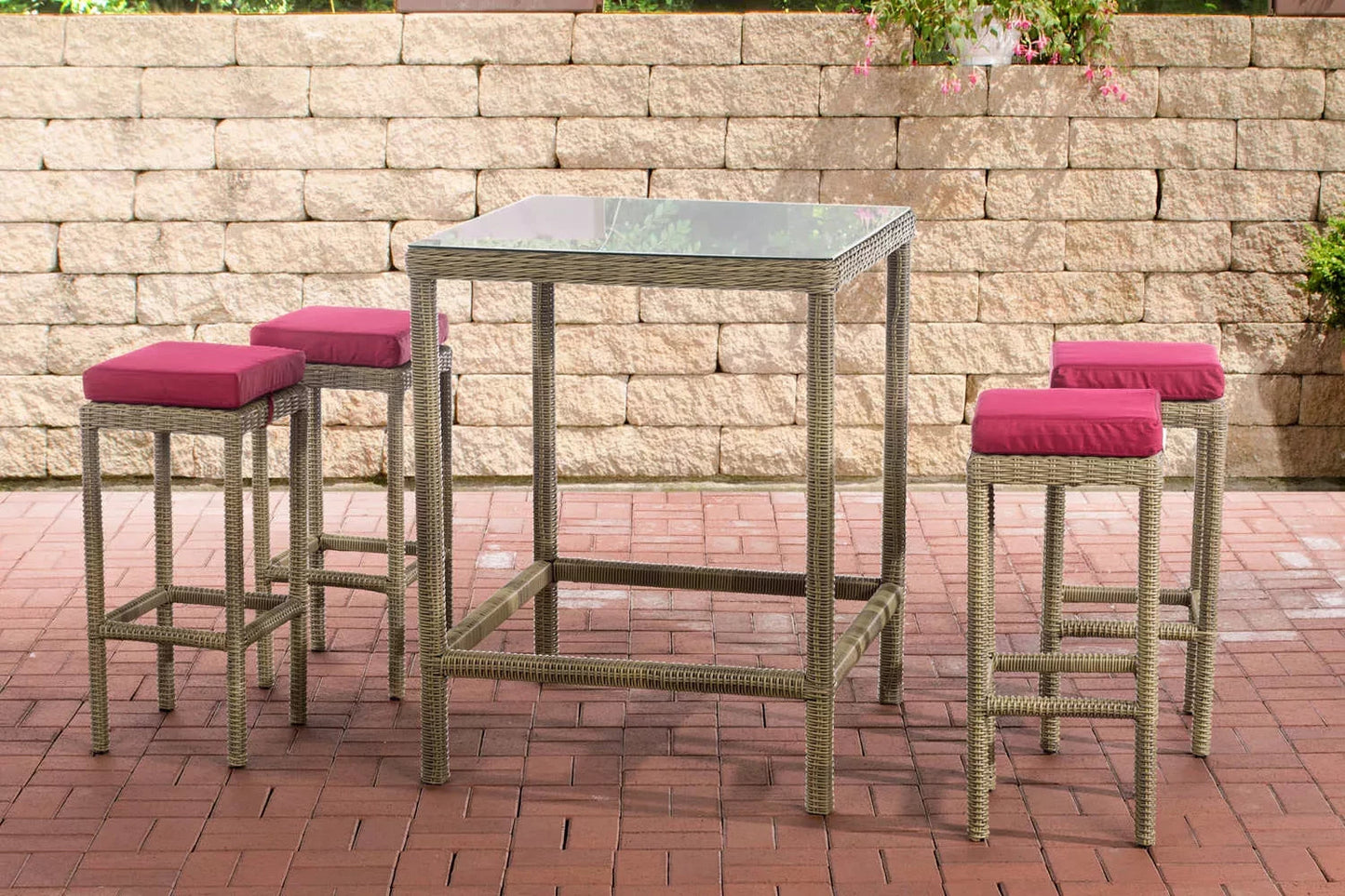 In And OutdoorMatch Bartafel met stoelen Orie - Rood/Creme - Tuinbar Rotan - Set van 4 Orie - Binnen en buiten - Weerbestendig - Tuinmeubelen - 4 personen Bar table