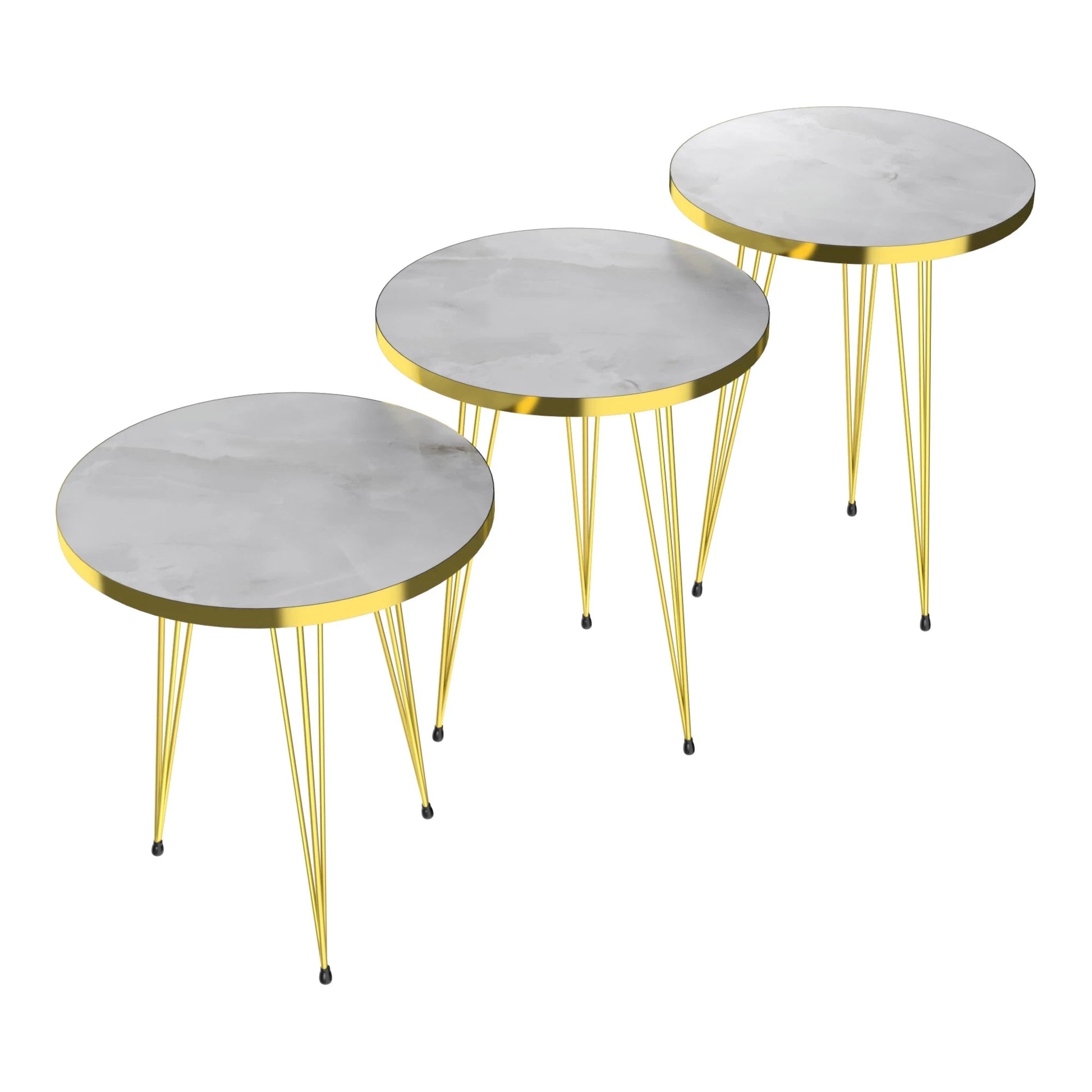 In And OutdoorMatch Bijzettafel Alick - Set van 3 - Rond - Marmer Wit en Goud - Spaanplaat en Metaal - Stijlvol design Bijzetttafel