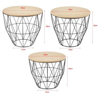 In And OutdoorMatch Bijzettafel Anastacio - 3-delige set - met afneembaar tafelblad - Zwart en hout - Metaal en MDF - Modern design Bijzetttafel