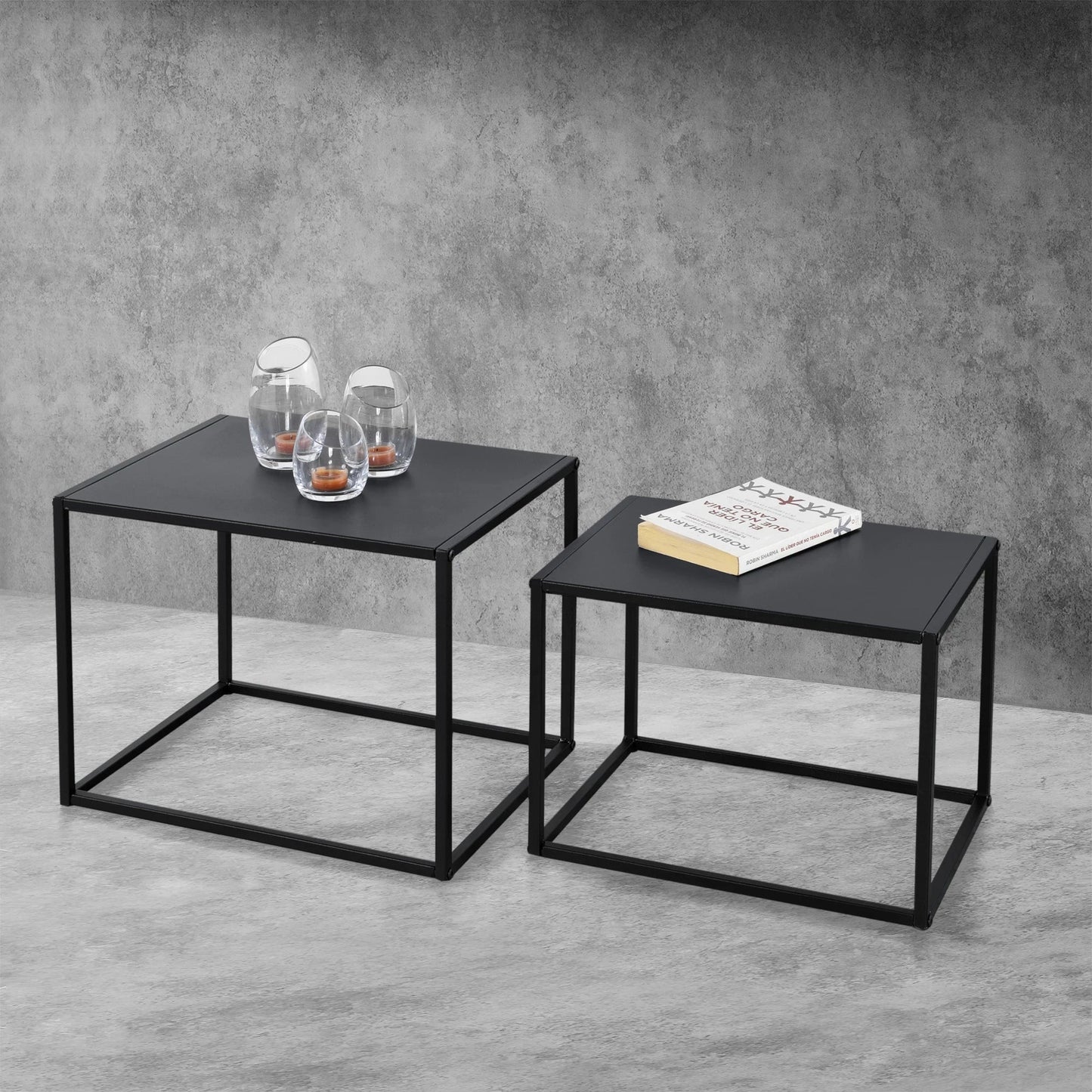 In And OutdoorMatch Bijzettafel David - Set van 2 - Zwart - Metaal - 35x45x35 - 30x40x30 cm - Modern Design Bijzetttafel