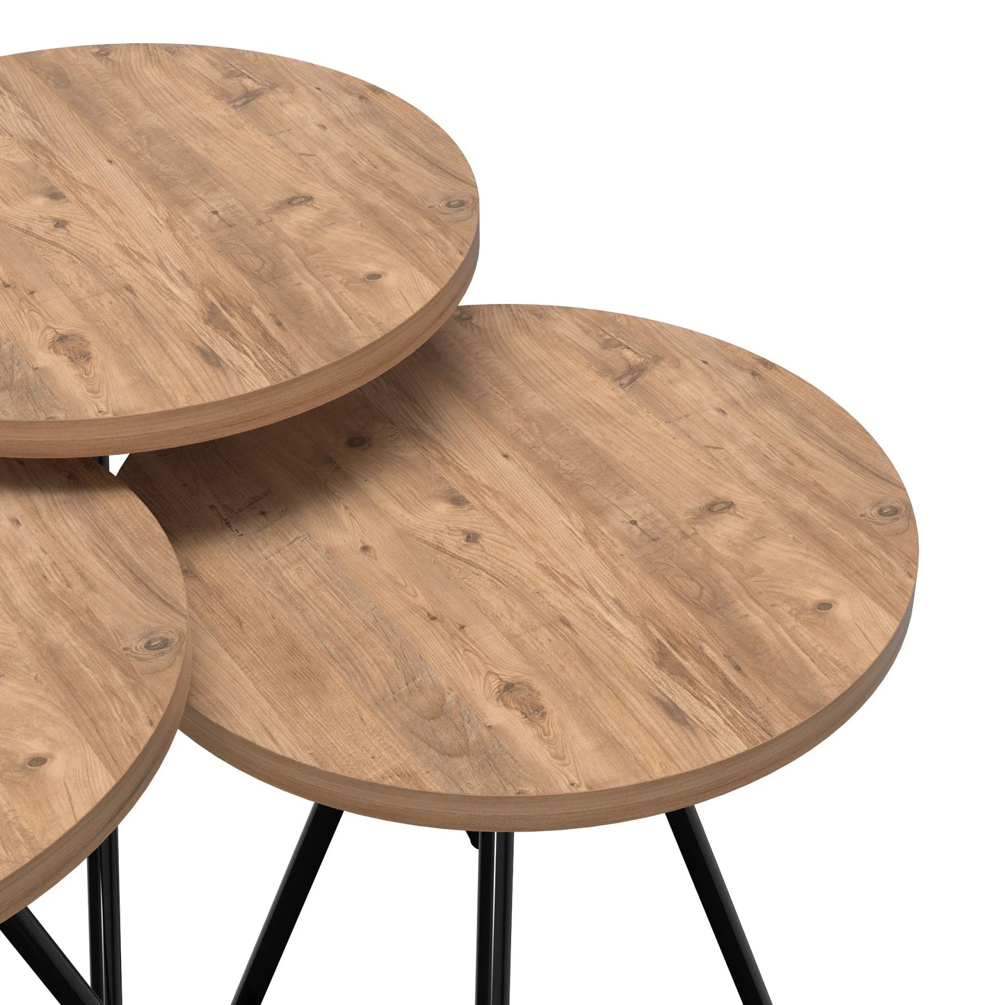 In And OutdoorMatch Bijzettafel Erik - Set van 3 - Rond - Houtkleurig en Zwart - Spaanplaat en Metaal - Stijlvol Design Bijzetttafel