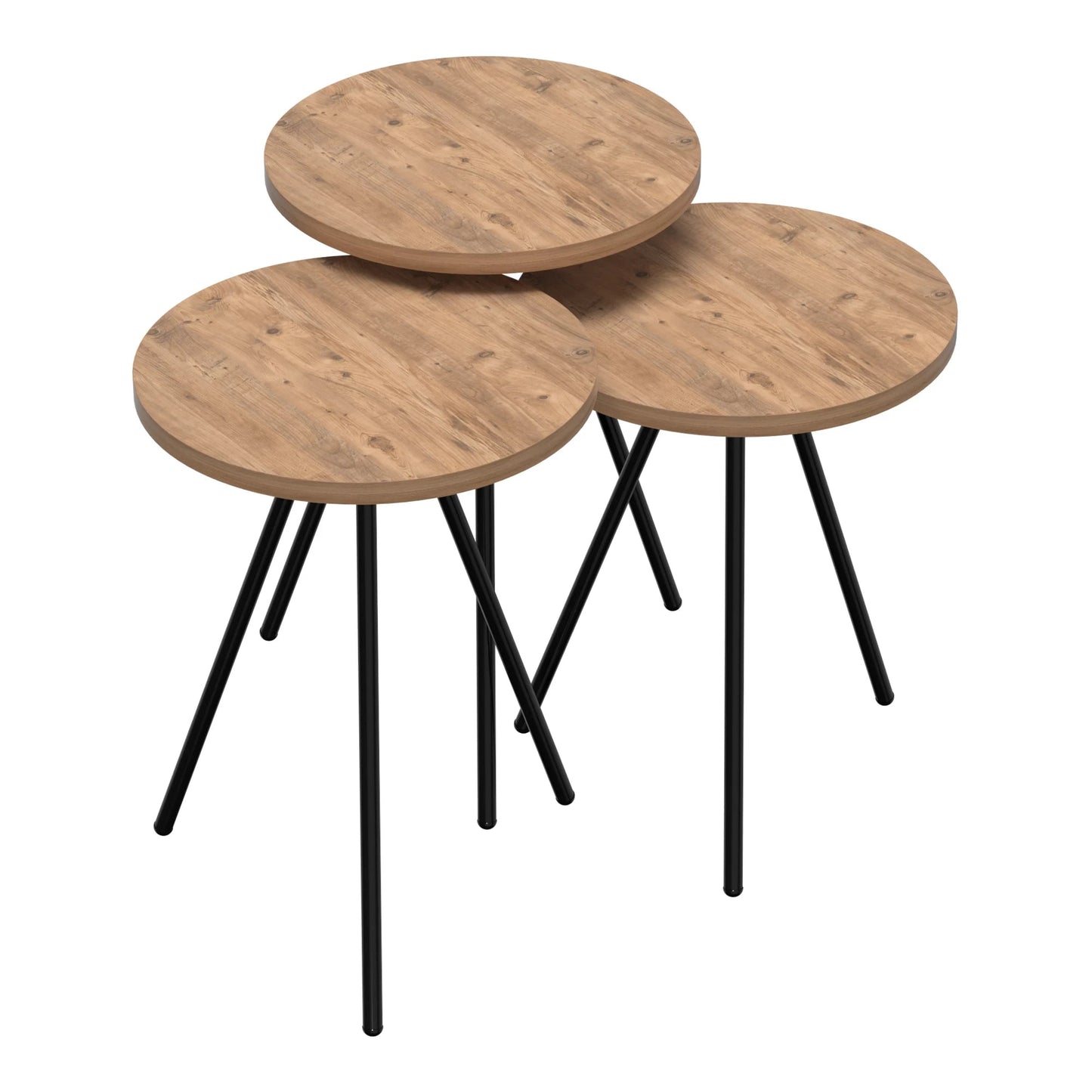 In And OutdoorMatch Bijzettafel Erik - Set van 3 - Rond - Houtkleurig en Zwart - Spaanplaat en Metaal - Stijlvol Design Bijzetttafel