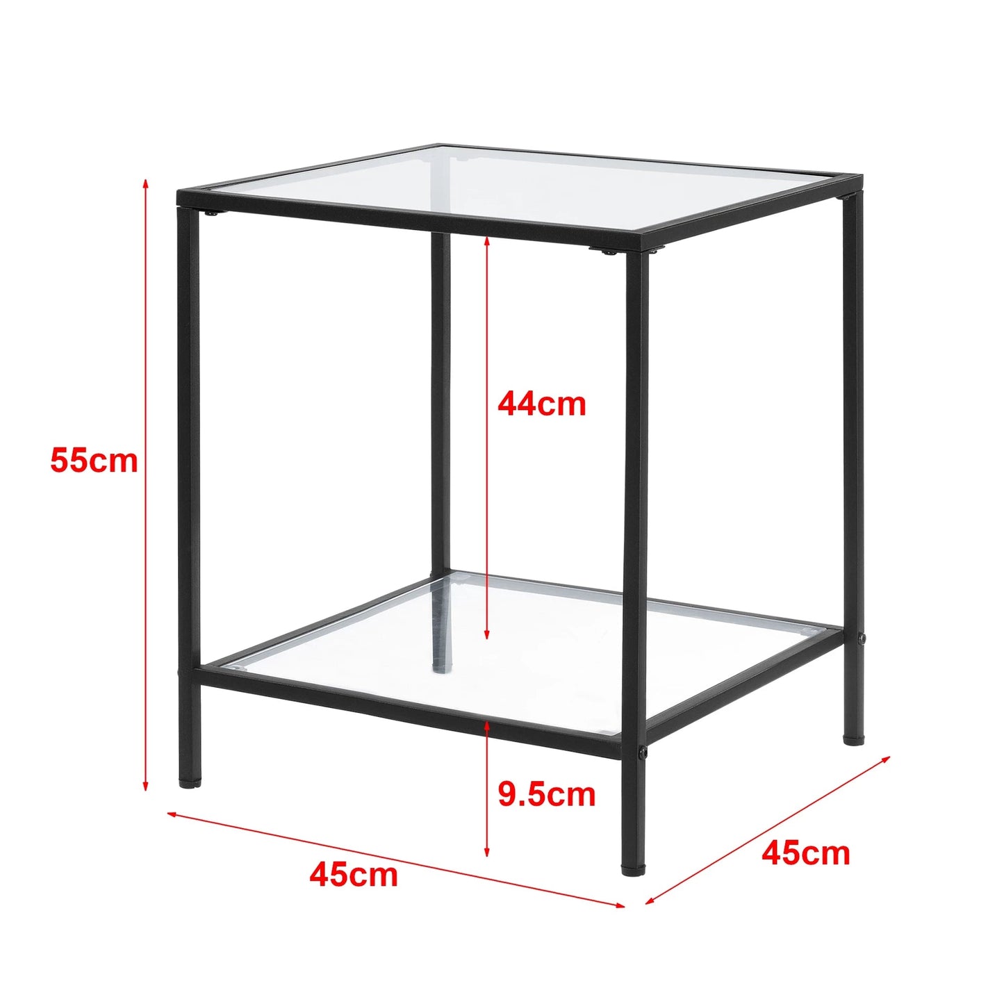 In And OutdoorMatch Bijzettafel Juliana - Met Plank Glas - 55x45x45 cm - Zwart - Staal en Glas - Modern Design Bijzetttafel