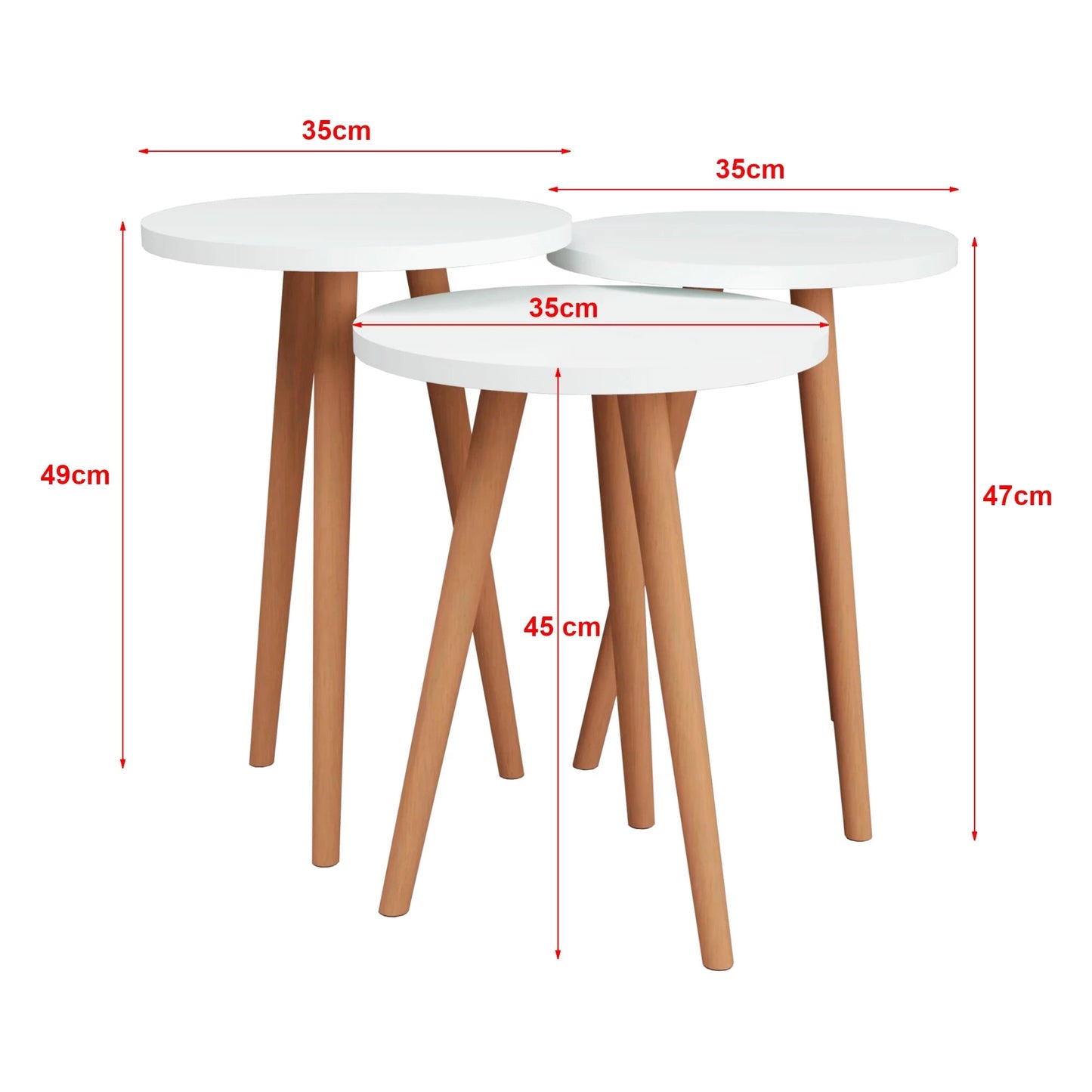 In And OutdoorMatch Bijzettafel Mary - Set van 3 - Wit en Houtkleurig - Spaanplaat en Beukenhout - 45/47/49-35cm - Modern Design Bijzetttafel