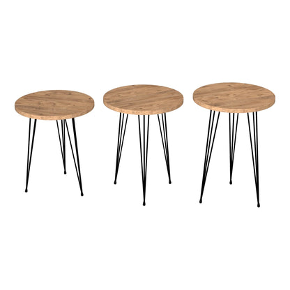 In And OutdoorMatch Bijzettafel Osman - Set van 3 - Rond - Zwart en Houtkleurig - Spaanplaat en Metaal - Stijlvol design Bijzetttafel