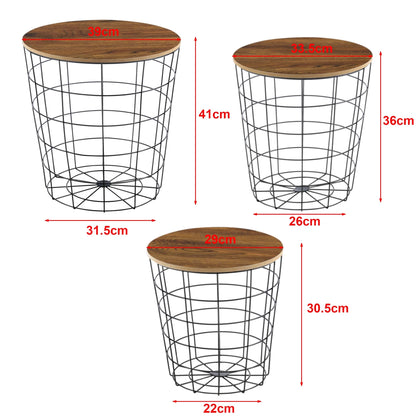 In And OutdoorMatch Bijzettafel Rudy - 3-delige set - met afneembaar tafelblad - Zwart en eikenhout - Metaal en MDF - Modern design Bijzetttafel