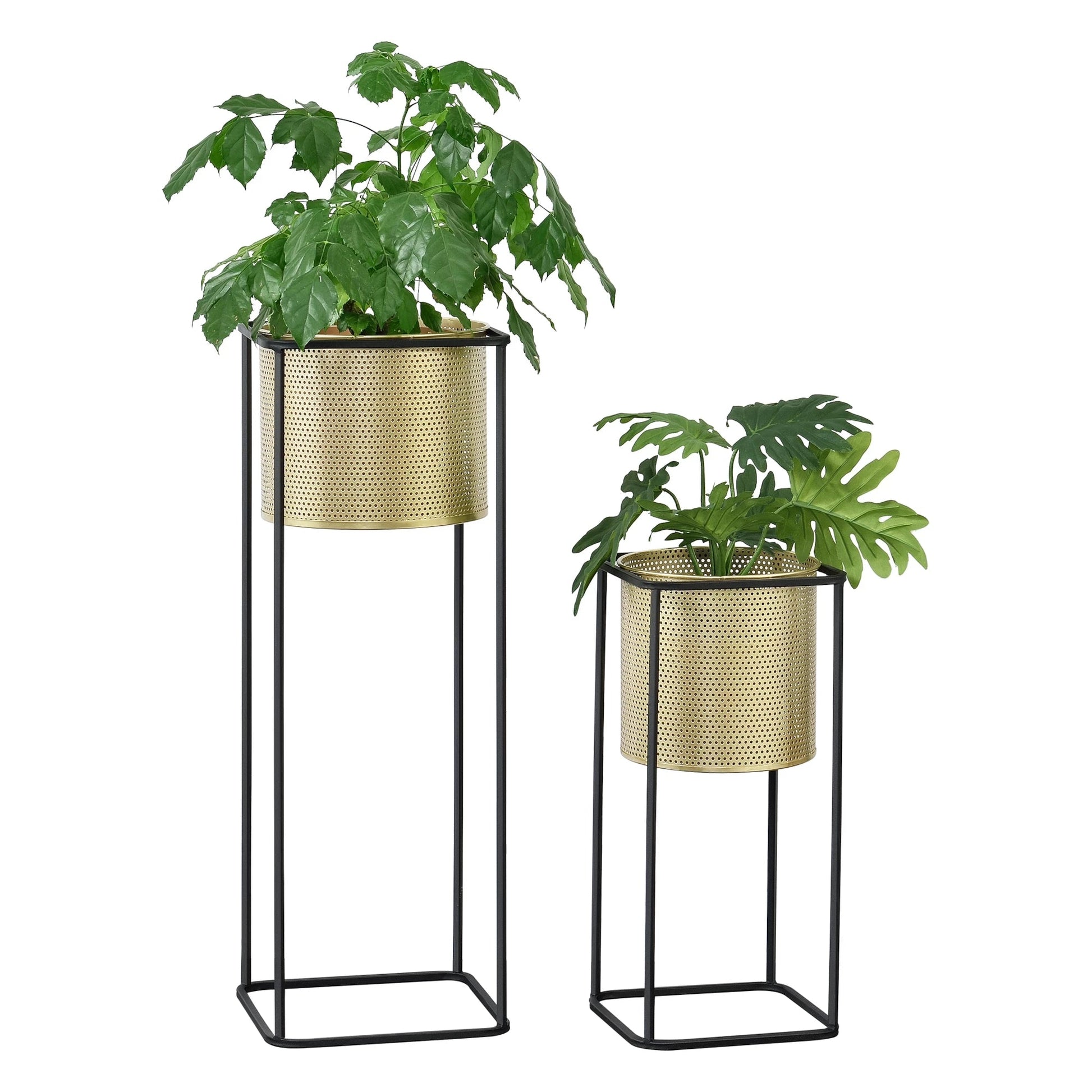 In And OutdoorMatch Bloempot Rowland - Op Standaard - Metaal - Set van 2 - Zwart en Goudkleurig - Stijlvol Design Flowerpot