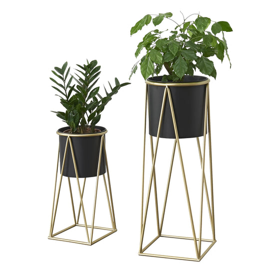 In And OutdoorMatch Bloempot Sarina - Op standaard - Set van 2 - Zwart en Messing - Metaal - Modern design Flowerpot