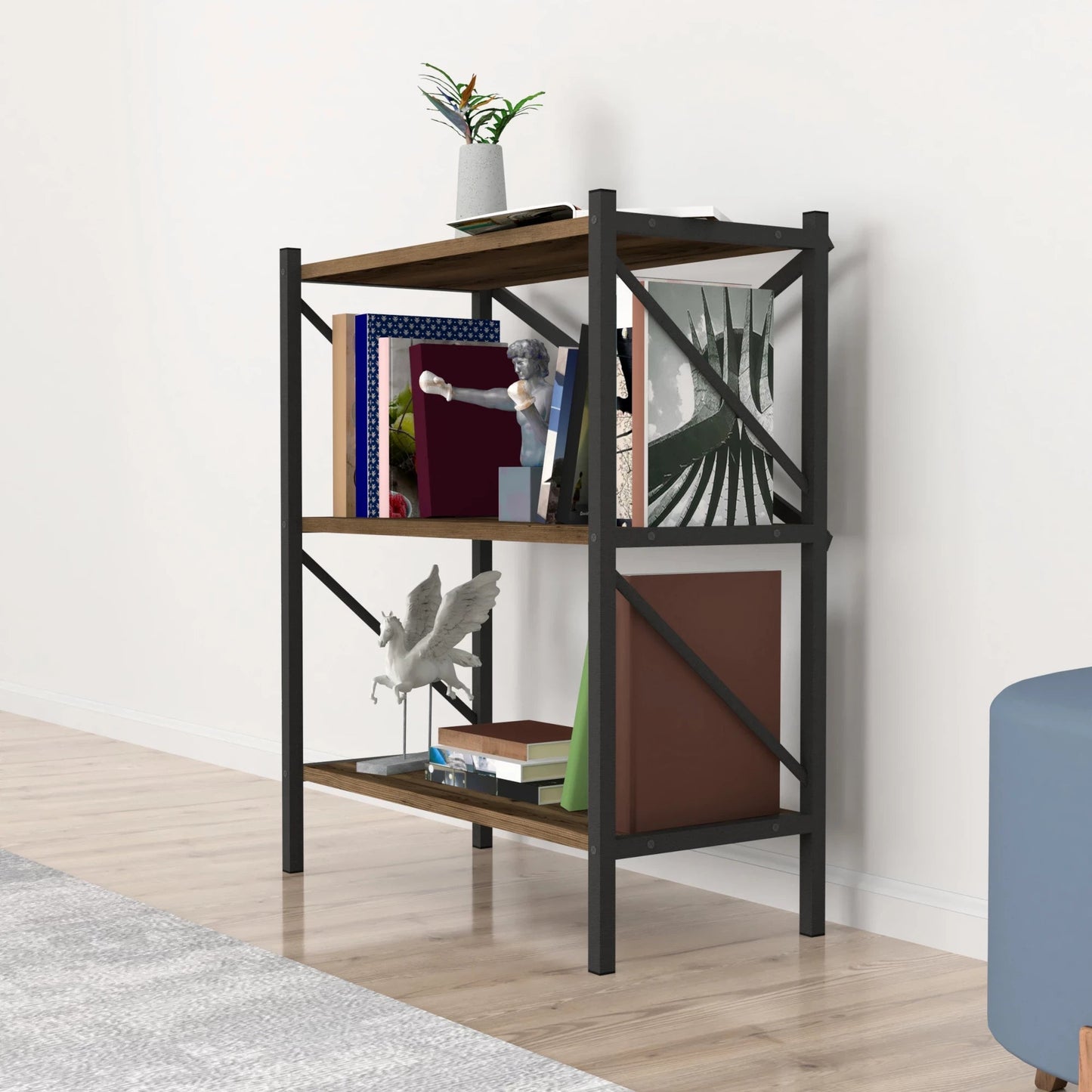 In And OutdoorMatch Boekenkast Plank Celton - 85x66x34cm - Eiken Antiek - Spaanplaat en Metaal - Met Planken - Modern Design Boekenkast