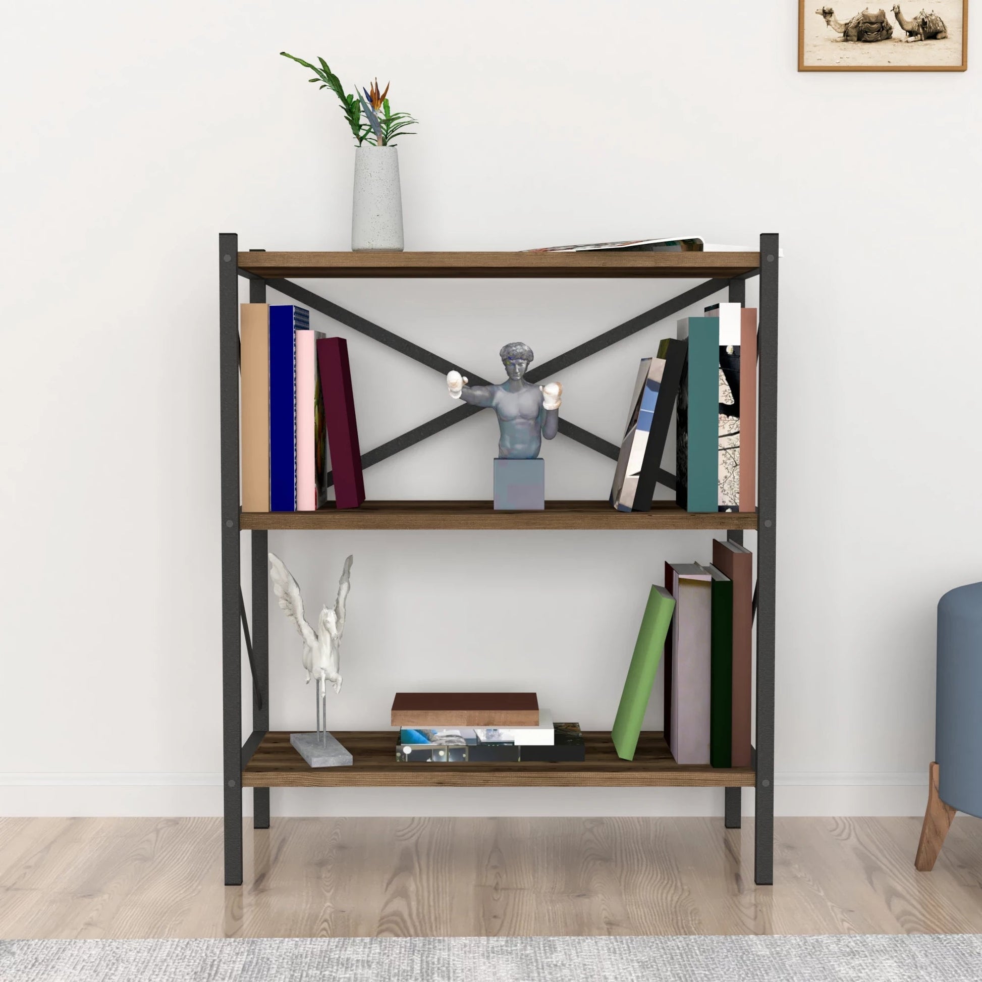 In And OutdoorMatch Boekenkast Plank Celton - 85x66x34cm - Eiken Antiek - Spaanplaat en Metaal - Met Planken - Modern Design Boekenkast