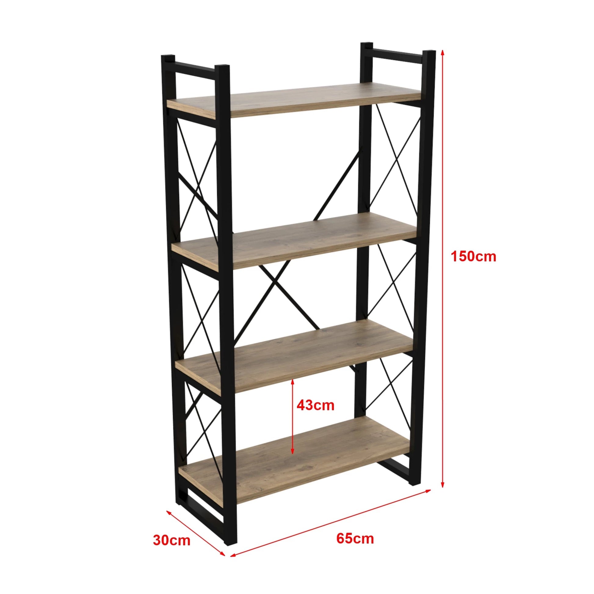 In And OutdoorMatch Boekenkast Silas - 150x65x30cm - Houtkleurig en Zwart - 4 Planken - Spaanplaat en Metaal - X Design Boekenkast