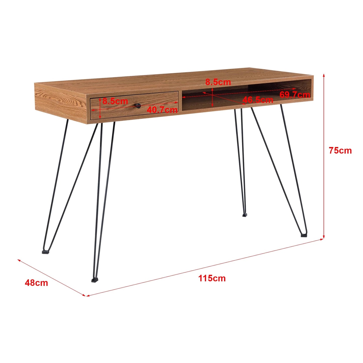 In And OutdoorMatch Bureau April - Met Lade - 115x48x75 cm - Houtkleurig en Zwart - Spaanplaat en Metaal - Stijlvol Design Desk