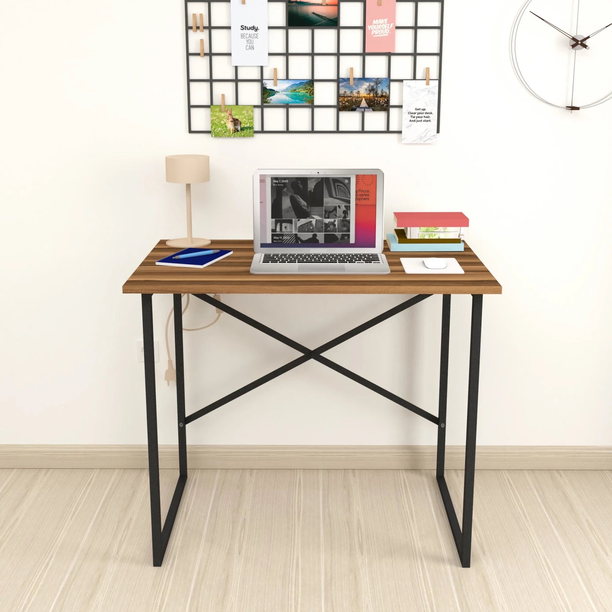 In And OutdoorMatch Bureau Jackson - 75x90x60 cm - Walnootkleurig - Spaanplaat en Metaal - Stabiel Stalen Frame - Modern Design Desk