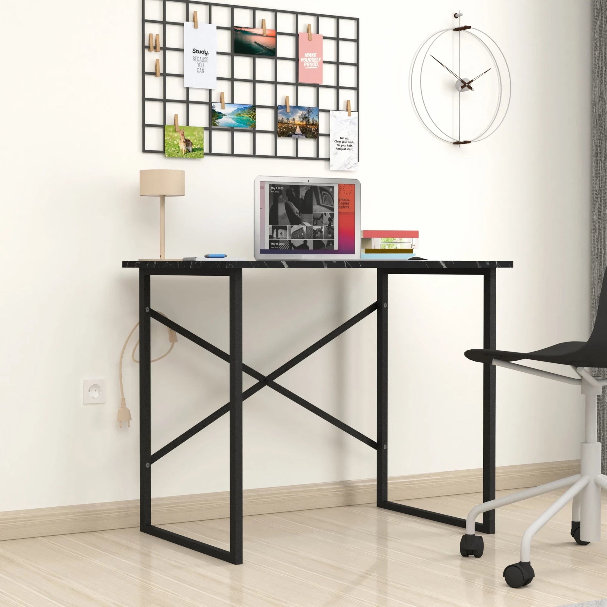 In And OutdoorMatch Bureau Mason - 75x90x60 cm - Marmer Zwart - Spaanplaat en Metaal - Stabiel Stalen Frame - Modern Design Desk