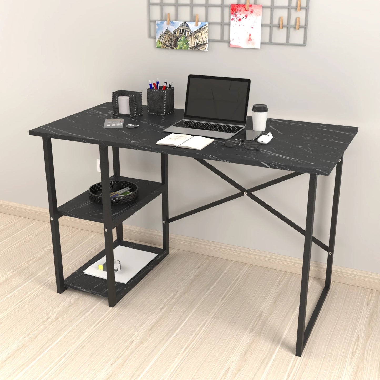 In And OutdoorMatch Bureau Menno - Laptoptafel - 75x120x60 cm - Marmer Zwart en Zwart - Spaanplaat en Metaal - Met 2 Planken - Modern Design Desk