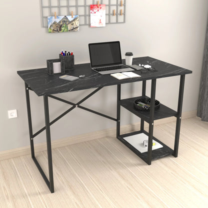 In And OutdoorMatch Bureau Menno - Laptoptafel - 75x120x60 cm - Marmer Zwart en Zwart - Spaanplaat en Metaal - Met 2 Planken - Modern Design Desk