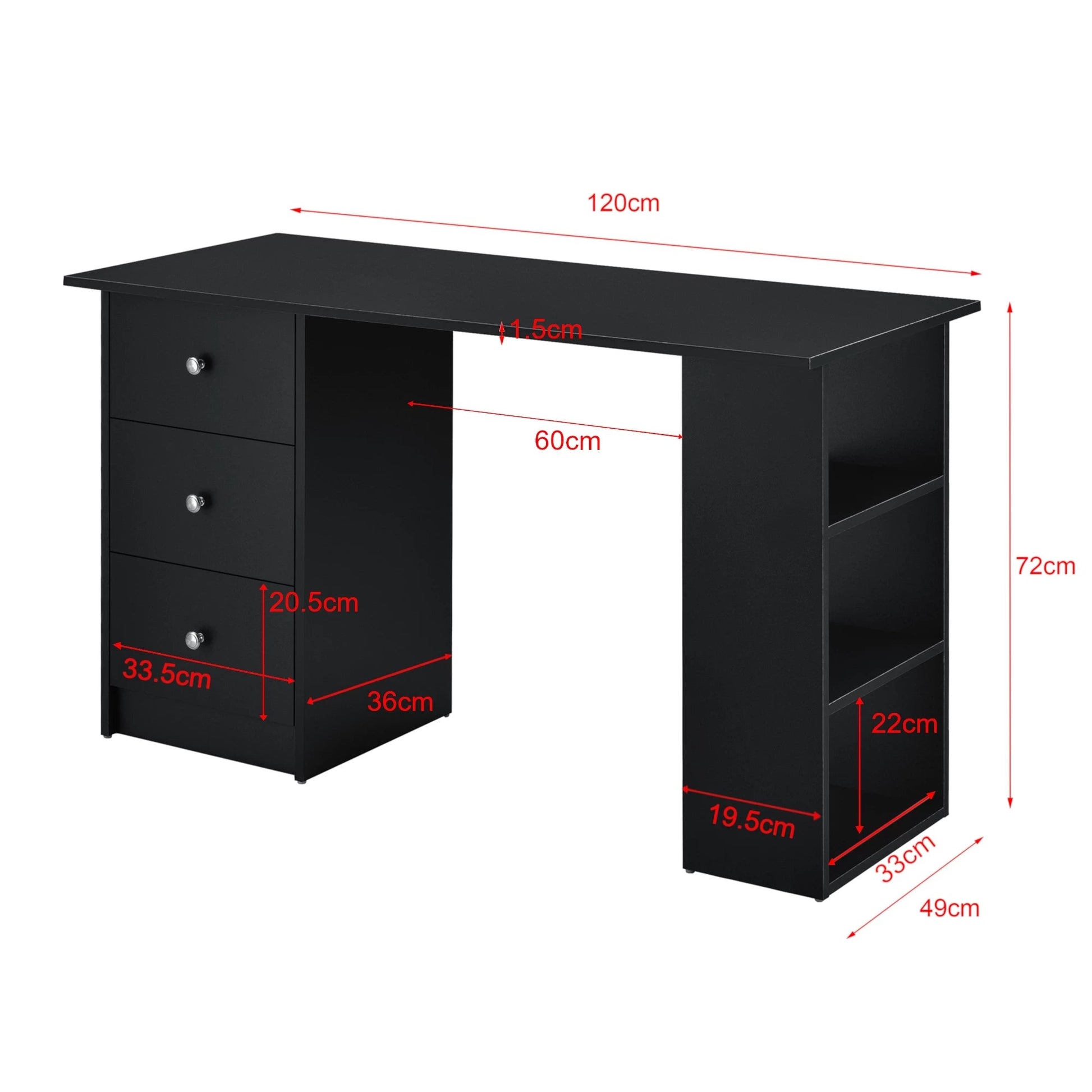 In And OutdoorMatch Bureau Milan - Met 3 Laden - 120x49x72 cm - Zwart - Spaanplaat - Stijlvol Design Desk