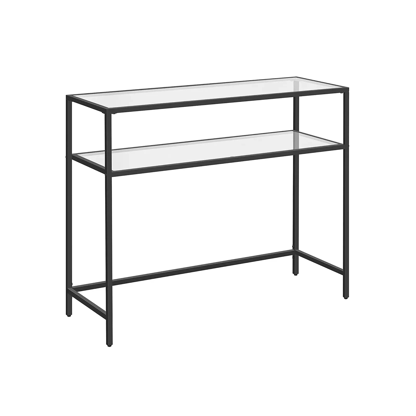 In And OutdoorMatch Console Tafeleinde Permelia - 2 Tier - Gehard Glas - Opbergrek - Metalen Frame - Verstelbare Voeten - Zwart Consoletafel