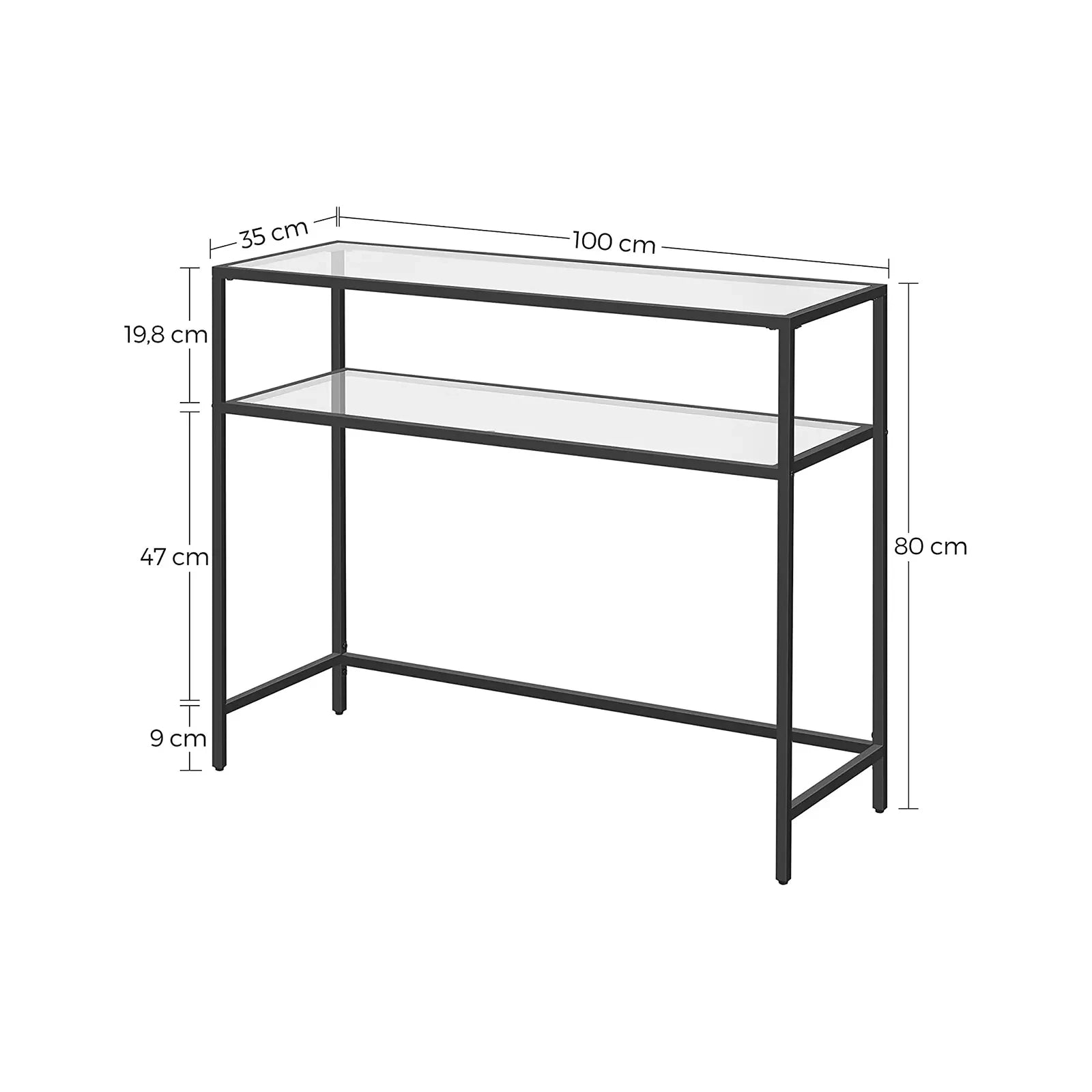 In And OutdoorMatch Console Tafeleinde Permelia - 2 Tier - Gehard Glas - Opbergrek - Metalen Frame - Verstelbare Voeten - Zwart Consoletafel