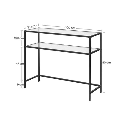 In And OutdoorMatch Console Tafeleinde Permelia - 2 Tier - Gehard Glas - Opbergrek - Metalen Frame - Verstelbare Voeten - Zwart Consoletafel