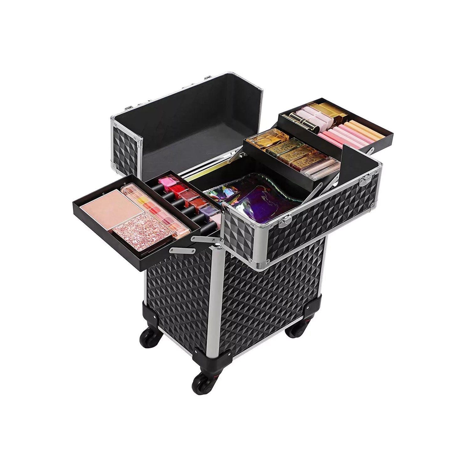 In And OutdoorMatch Cosmetic Case Alanna - Trolley - Make-up Case - Met Handvat - Met 4 Universele Wielen - 4 Uittrekbare Compartimenten - Voor Reizen - Zwart Make-up koffer