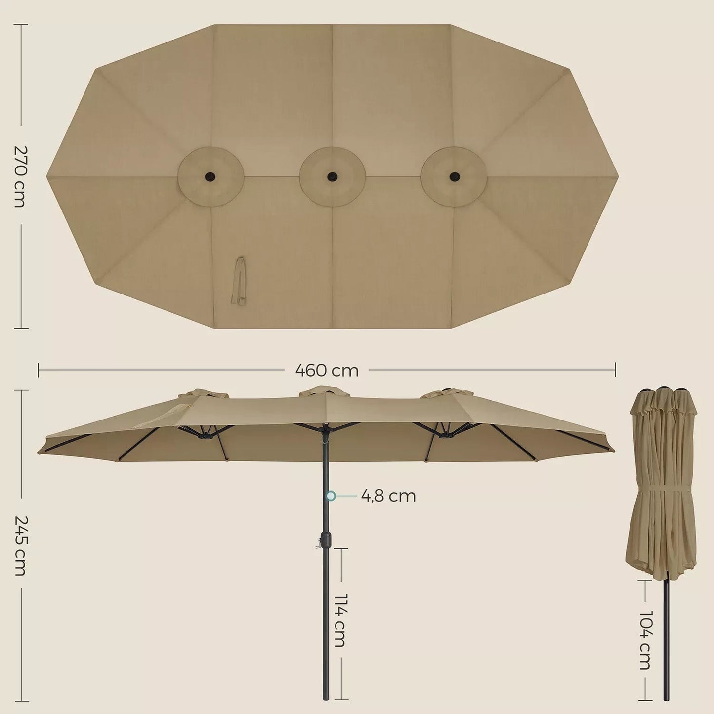 In And OutdoorMatch Dubbele Parasol Ashlynn - 460x270cm - Extra Large - UV-Bescherming tot UPF 50+ - met Zwengel Market - Zonder Standaard - Taupe Sunshade