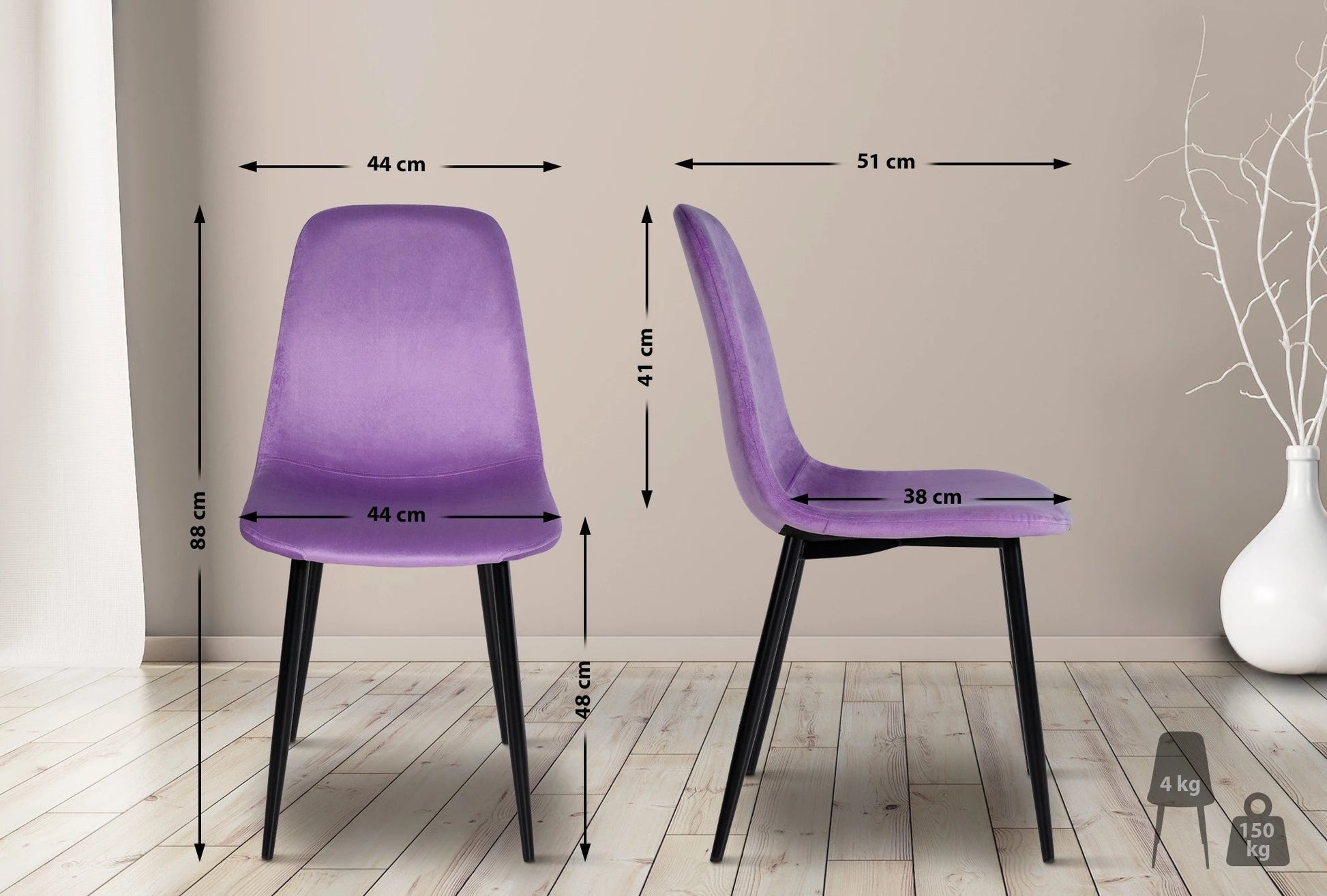 In And OutdoorMatch Eetkamerstoelen Charla - Paars - Set van 4 - Fluweel - Hoogwaardige bekleding - Stijlvolle eetkamerstoelen - Luxe uitstraling Eetkamerstoel