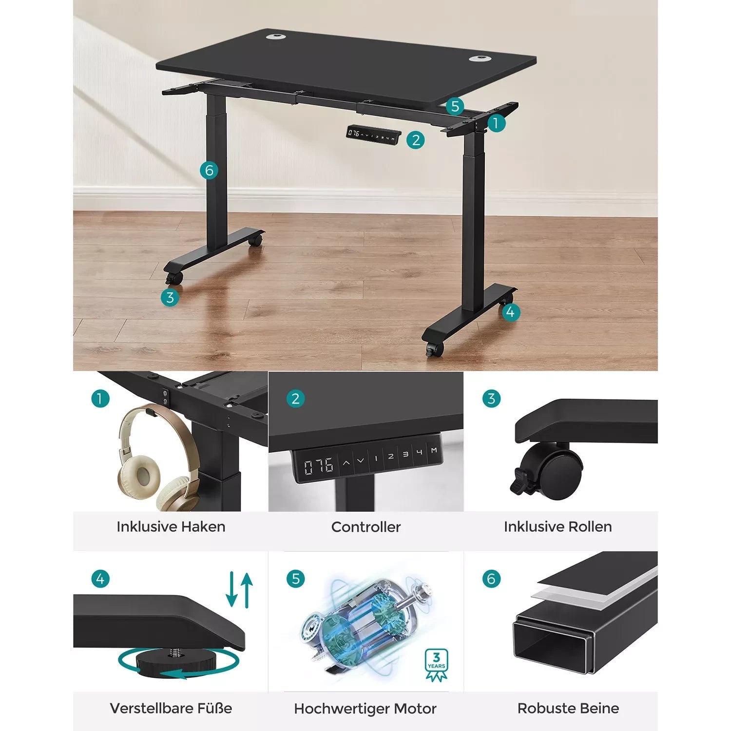 In And OutdoorMatch Elektrisch zit-sta bureau Nola - Geheugenfunctie met 4 hoogtes - Hoogte verstelbaar 71-117cm - Zwart - 120kg draagvermogen - 70x140cm Desk