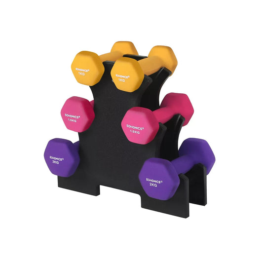 In And OutdoorMatch Halterset Earleen - met Rek - 2x1kg - 2x1,5kg - 2x2kg - Matte Afwerking - Krachttraining Thuis - Geel - Roze - Paars Dumbell set