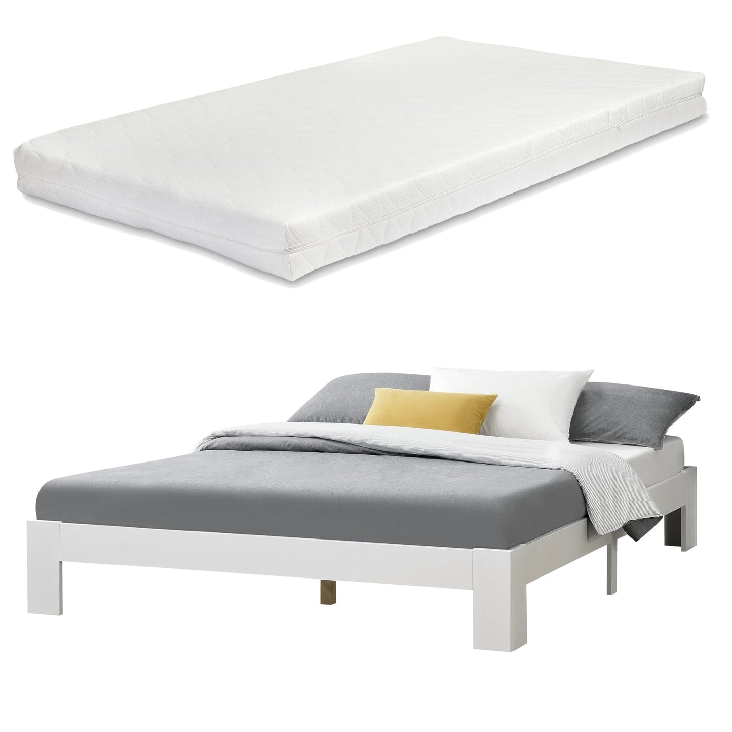 In And OutdoorMatch Houten Bed Antonetta - Met Bedbodem en Matras - 160x200 cm - Wit - Gemaakt in de EU - Slijtvast bed twee personen