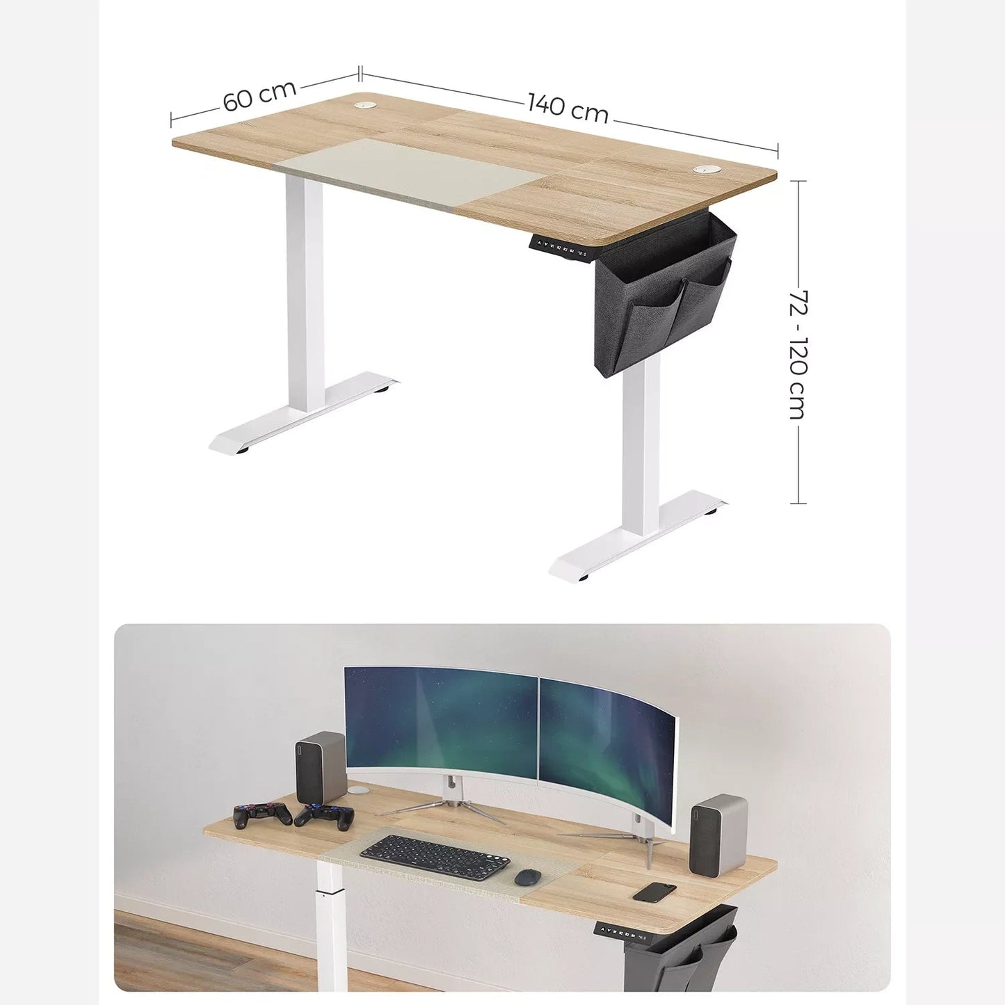 In And OutdoorMatch In Hoogte Verstelbaar Bureau Darren - Elektrisch - Traploos Verstelbaar - Gedeeld Werkblad - 4 Opberghoogtes - Stoffen Tas - 120x60x(72-120)cm - Gemaakt van Staal - Beige/Wit Desk