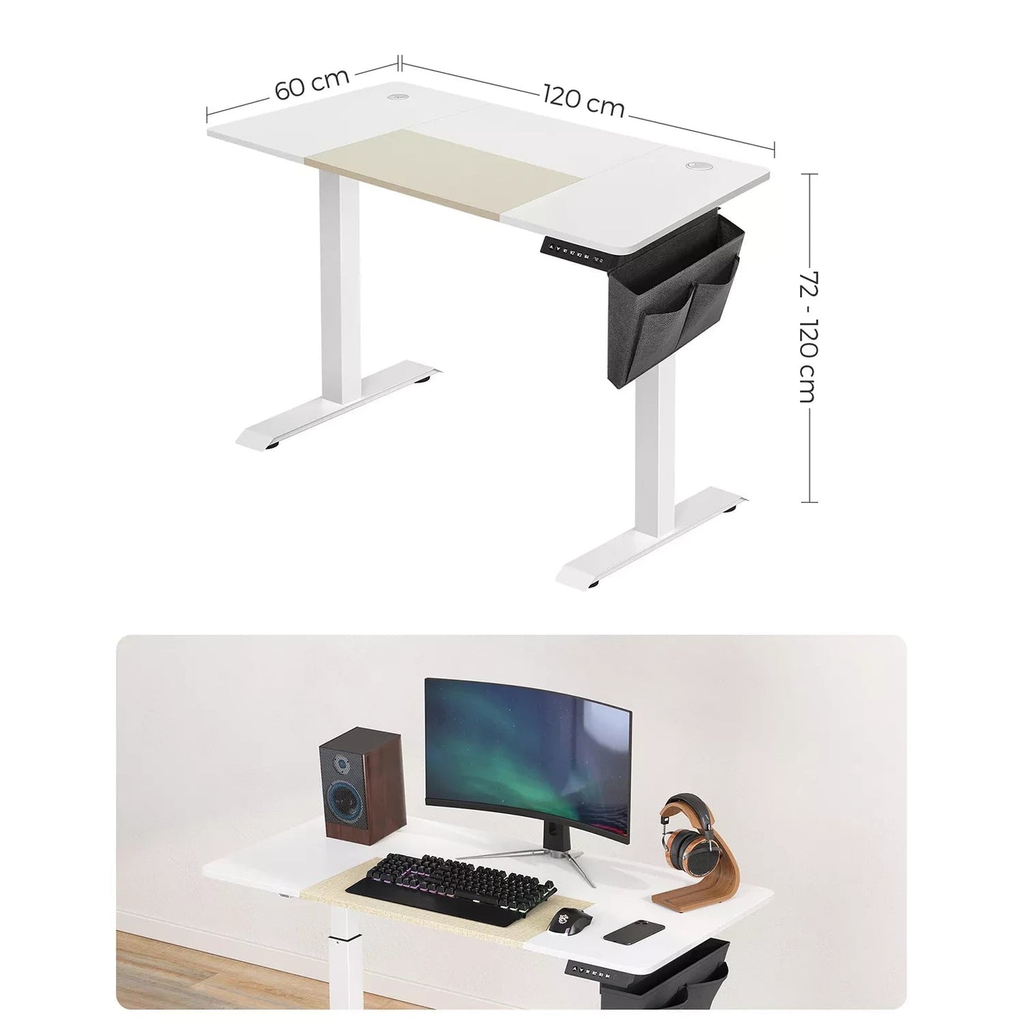 In And OutdoorMatch In Hoogte Verstelbare Bureau Fabiola - Elektrisch - Traploos Verstelbaar - Gedeeld Werkblad - 4 Opberghoogtes - Stoffen Tas - 120x60x(72-120)cm - Gemaakt van Staal - Wit Desk