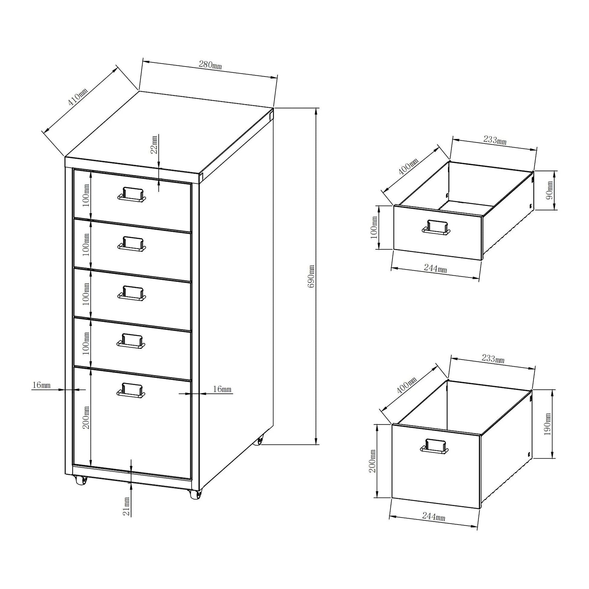 In And OutdoorMatch Kantoorkast Leonora - Ladekast - Op Wielen - 69x28x41 cm - Grijs - Staal - Stijlvol Design Kast