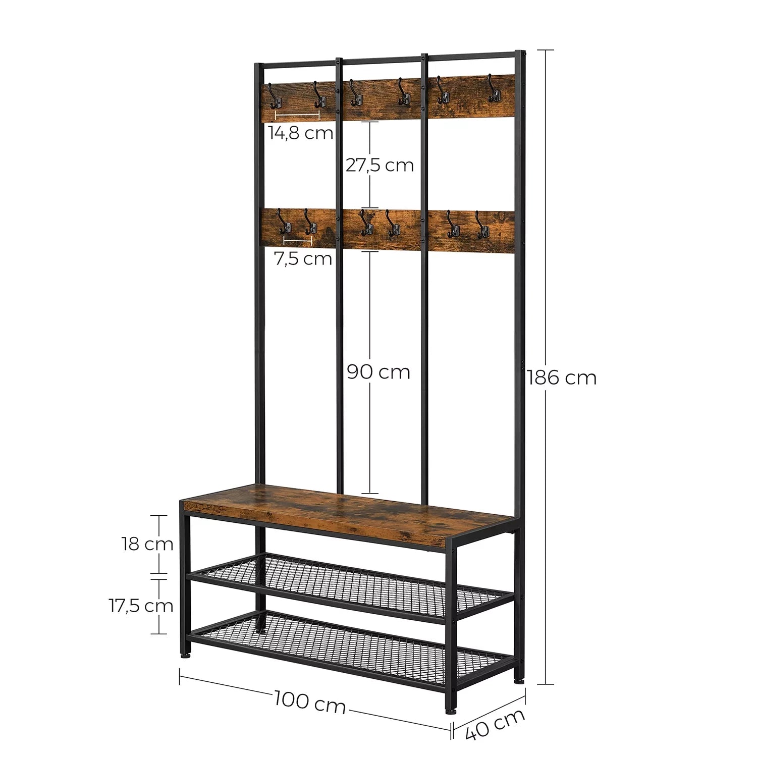 In And OutdoorMatch Kapstok Liliane - Met schoenenrek - Wandkapstok - Industrieel - Met plank - Hoedenplank - 100x40x184cm Kapstok