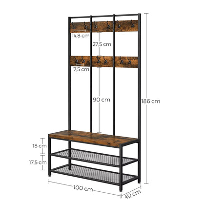 In And OutdoorMatch Kapstok Liliane - Met schoenenrek - Wandkapstok - Industrieel - Met plank - Hoedenplank - 100x40x184cm Kapstok