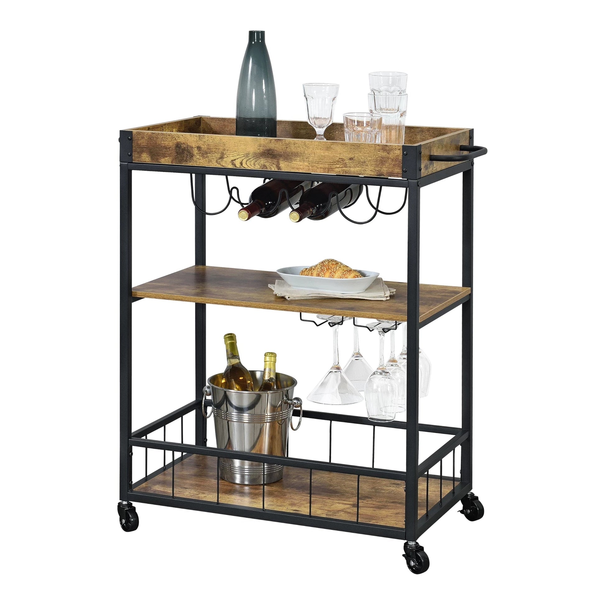 In And OutdoorMatch Keukentrolley Ciara - Met Wijnrek en Wijnglashouder - 89.5x67x40 cm - Donker Houtkleurig en Zwart - Spaanplaat Keuken Trolley