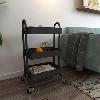 In And OutdoorMatch Keukentrolley Emilio - Kantoortrolley - Met 3 Manden - 78,5x46x35cm - Zwart - Ruimtebesparende Opslag - Veelzijdig Opbergrek Keuken Trolley