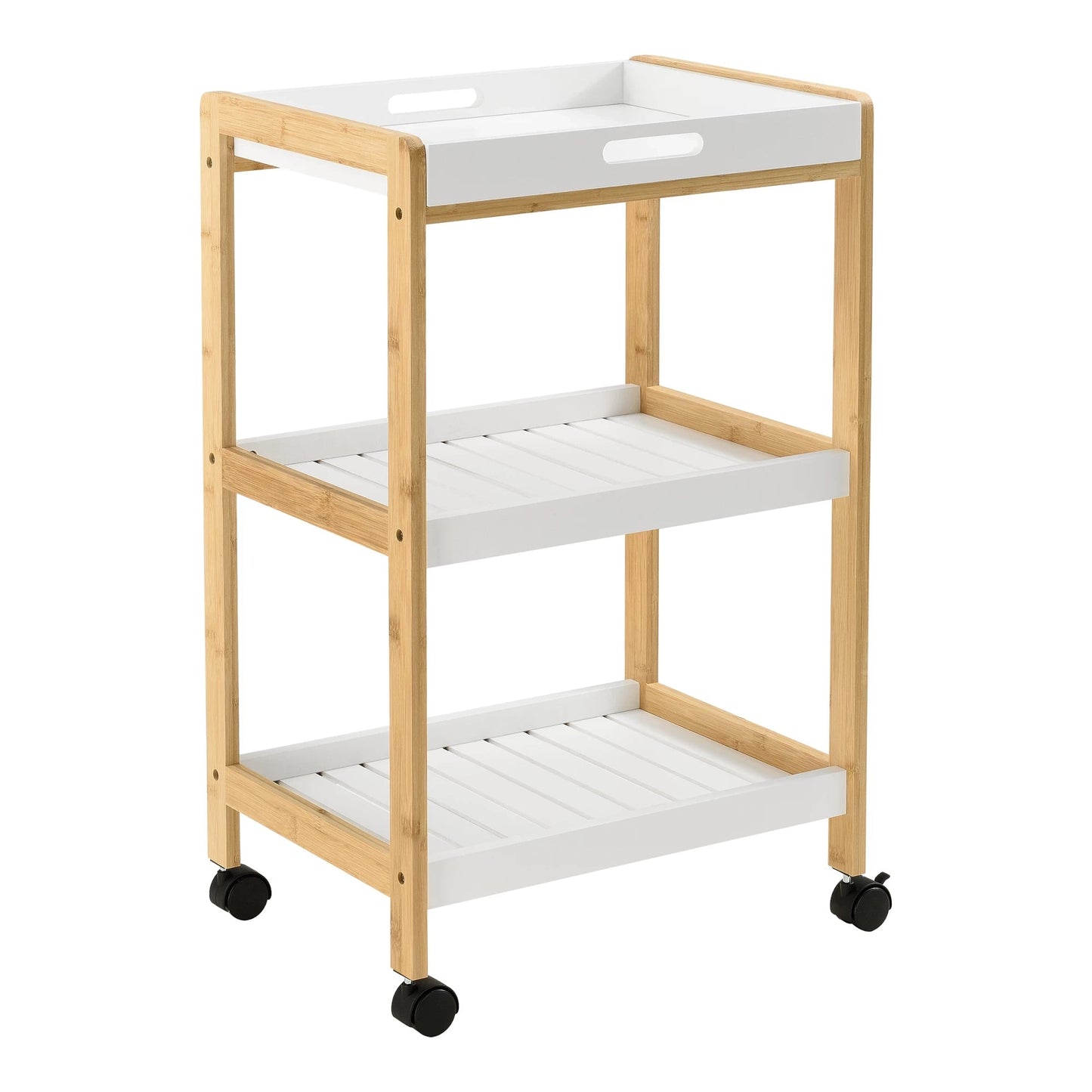 In And OutdoorMatch Keukentrolley Jamison - Met 3 Planken - 75x46x35 - Houtkleurig en Wit - Bamboe, MDF en Kunststof - Stijlvol Design Keuken Trolley