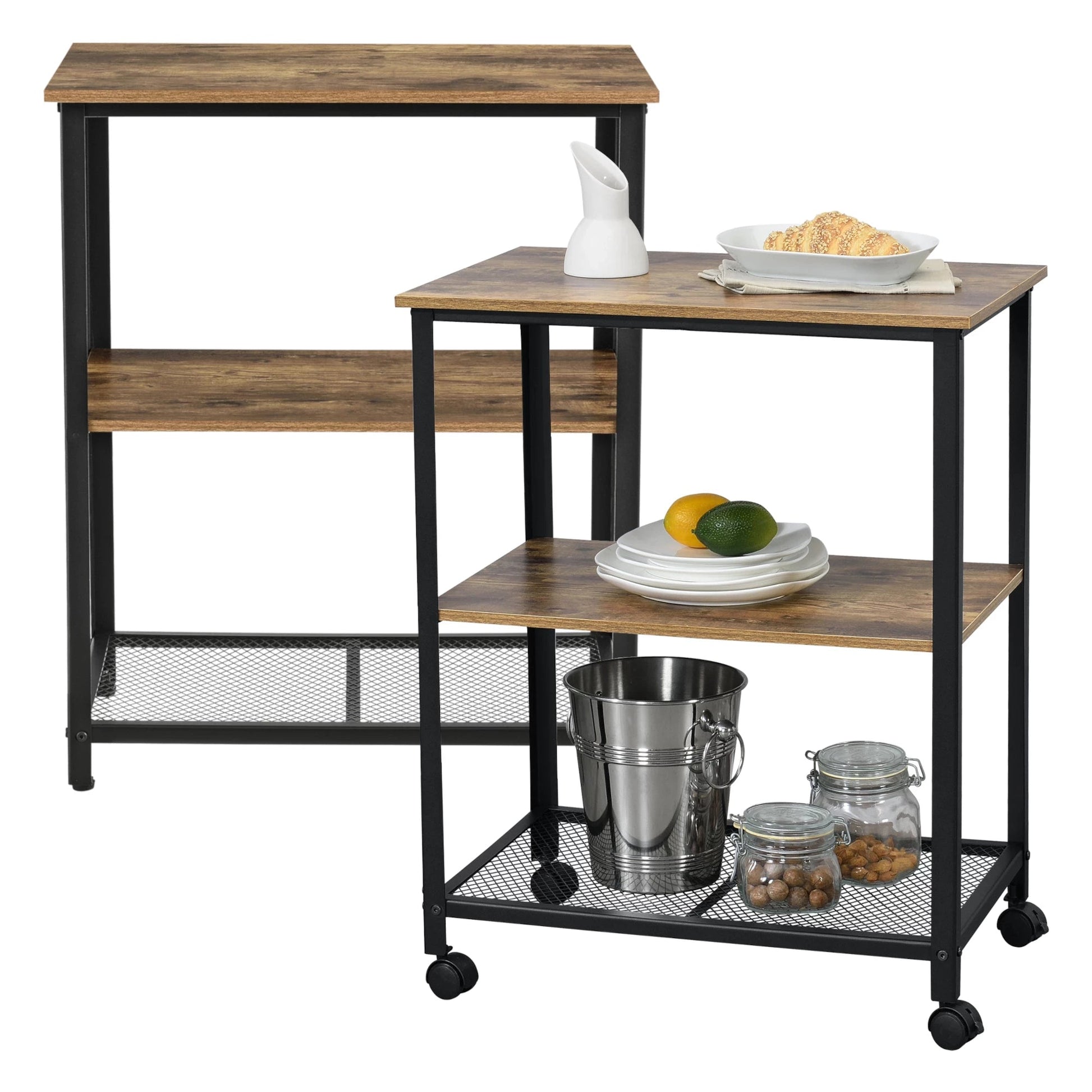 In And OutdoorMatch Keukentrolley Weston - Met 2 Planken - 76.5x60x40 - Houtkleurig en Zwart - Spaanplaat, Metaal en Kunststof - Stijlvol Design Keuken Trolley