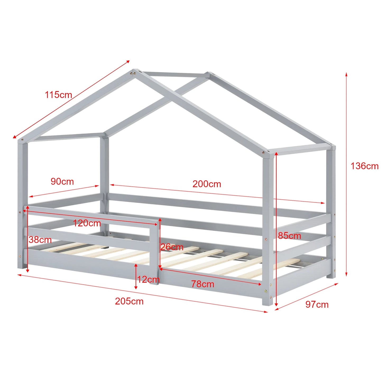 In And OutdoorMatch Kinderbed Chadd - Huisbed - Met valbeveiliging - 90x200 - Lichtgrijs - Grenen - Voor meisjes - Voor jongens - Voor kinderen Kinder bedden