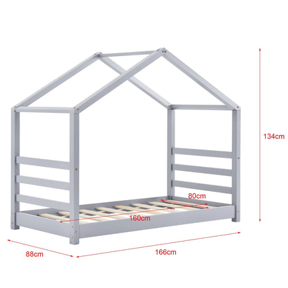 In And OutdoorMatch Kinderbed Ivah - Grenen - Huisbed - Met matras en valbescherming - 80x160 cm - Grijs - Voor meisjes - Voor jongens - Voor kinderen Kinder bedden