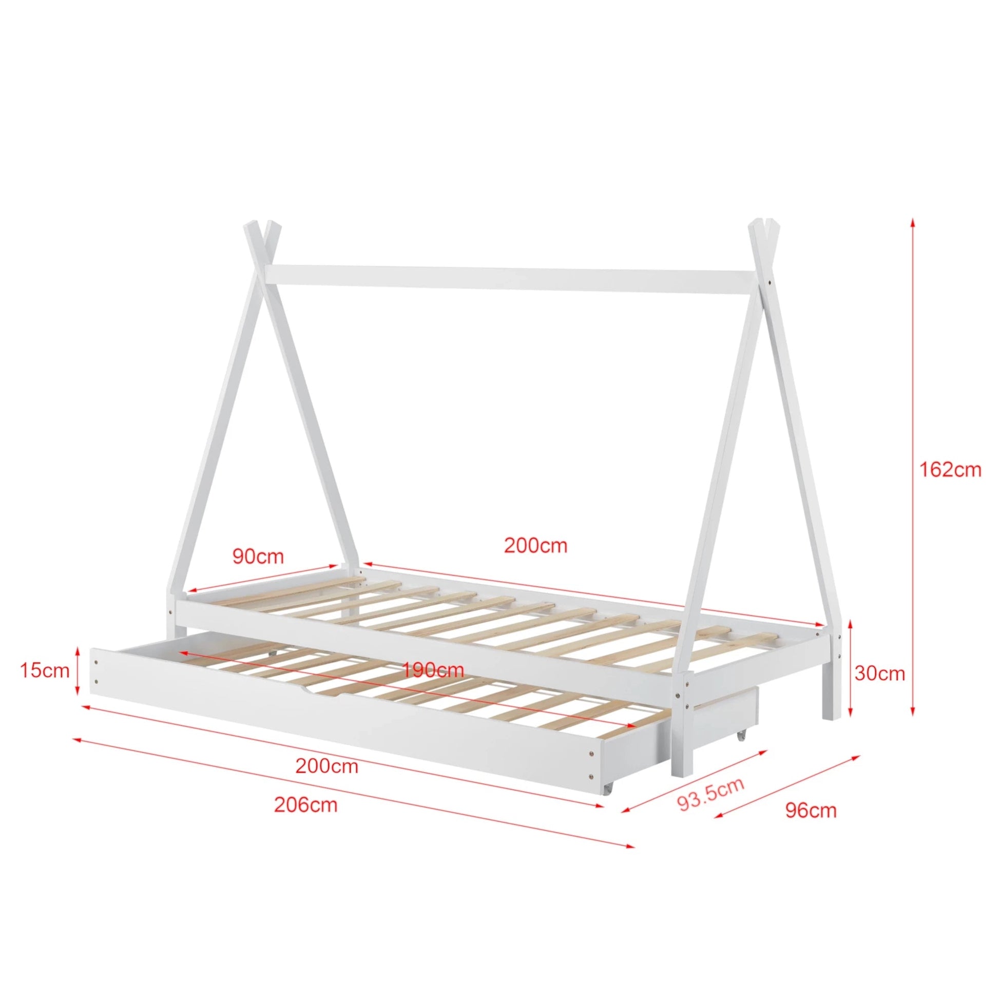 In And OutdoorMatch Kinderbed Michelle - Tipi - Met onderschuifbed - 90x200 cm - Wit - Voor meisjes en jongens Kinder bedden