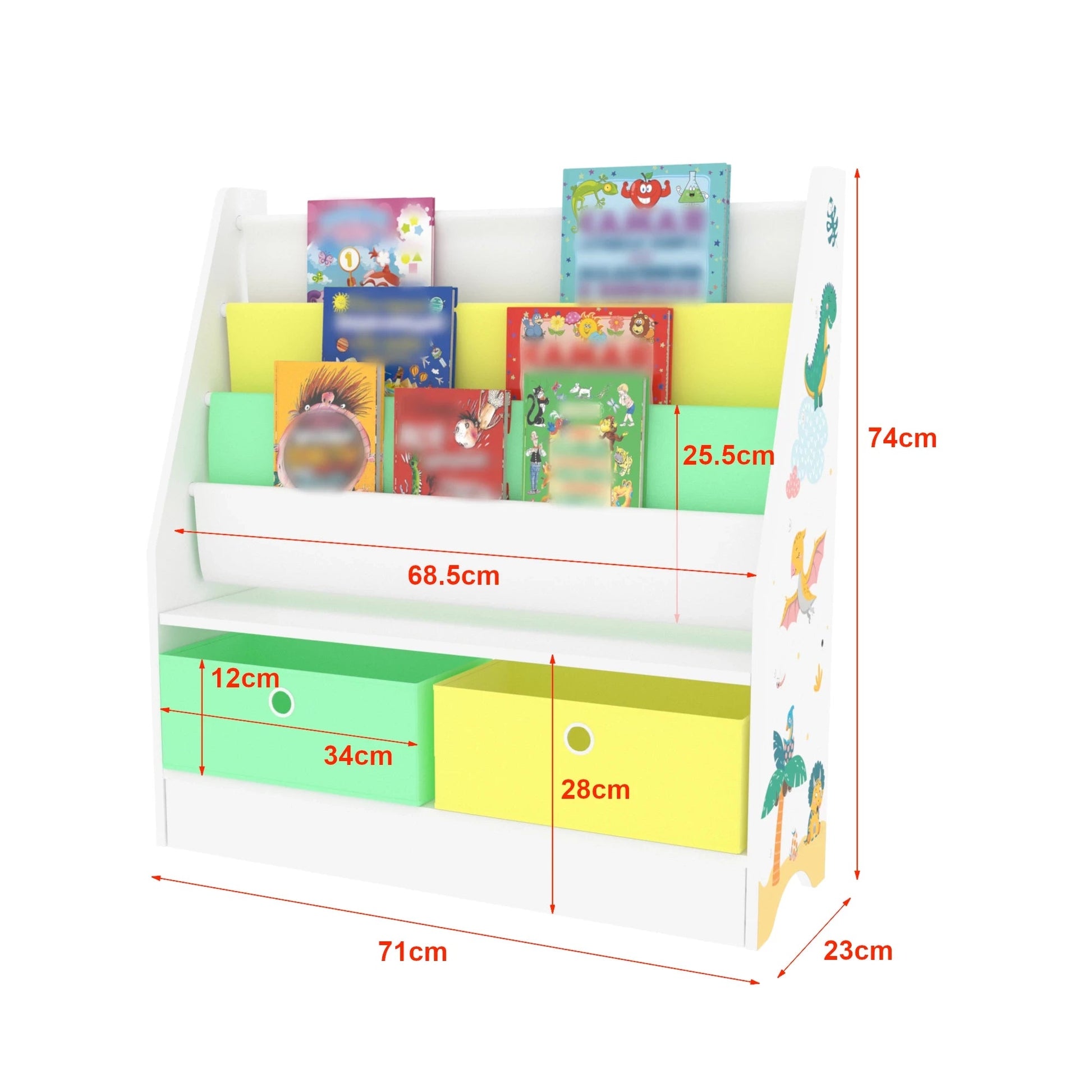 In And OutdoorMatch Kinderboekenkast Adah - Opbergkast - 74x71x23 cm - Dinosaurusmotief - Spaanplaat en stof Boekenkast