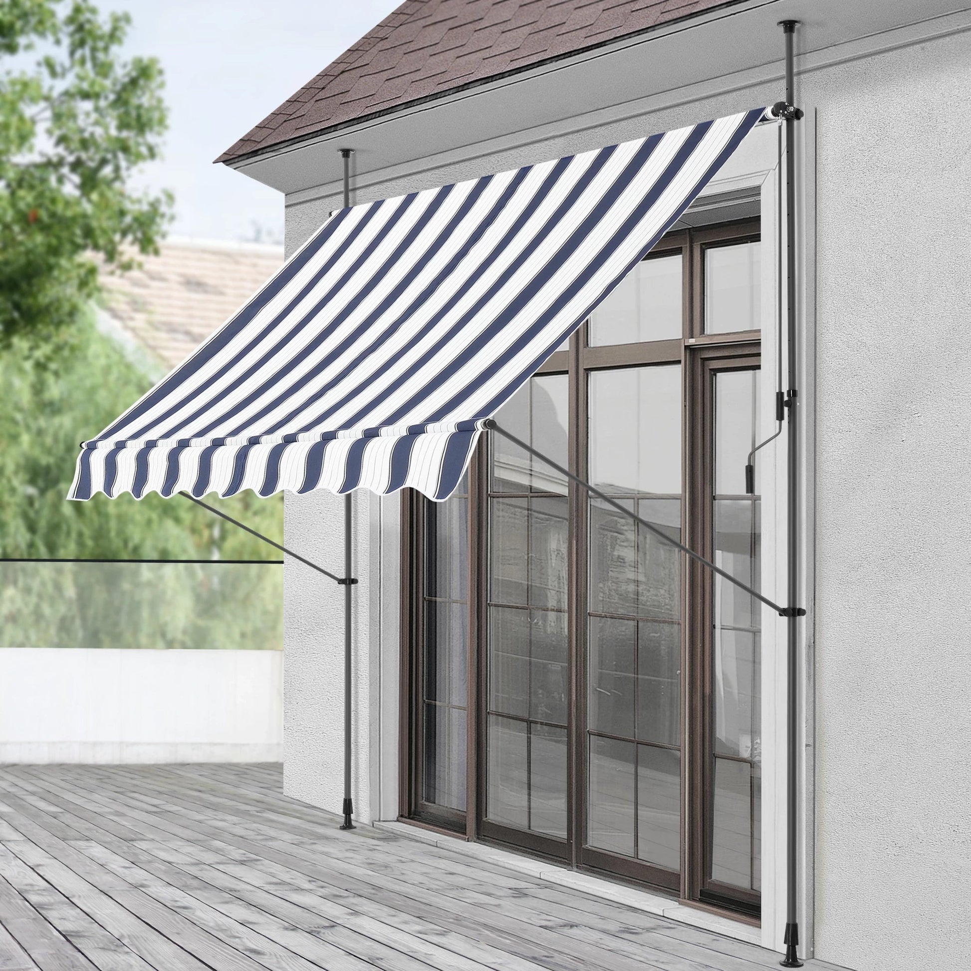 In And OutdoorMatch Klemluifel Tobi - Uitschuifbare Luifel - Donkerblauw en Wit - 350x120 cm - Staal en Stof - Waterafstotend - UV Bescherming Sunshade