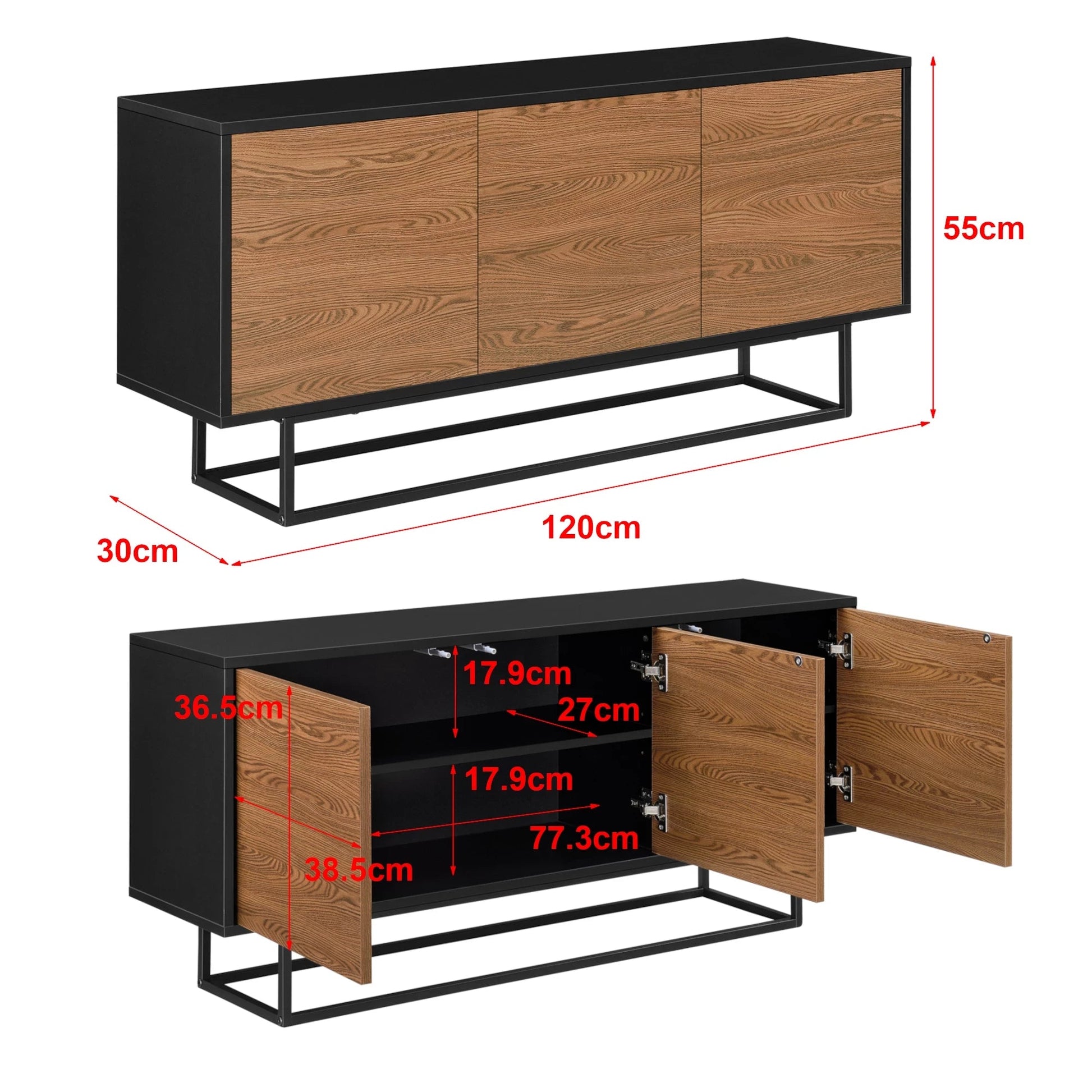 In And OutdoorMatch Ladekast Alexandrine - 55x120x30 cm - Zwart en Houtkleurig - Spaanplaat en Metaal - Modern Design Kast