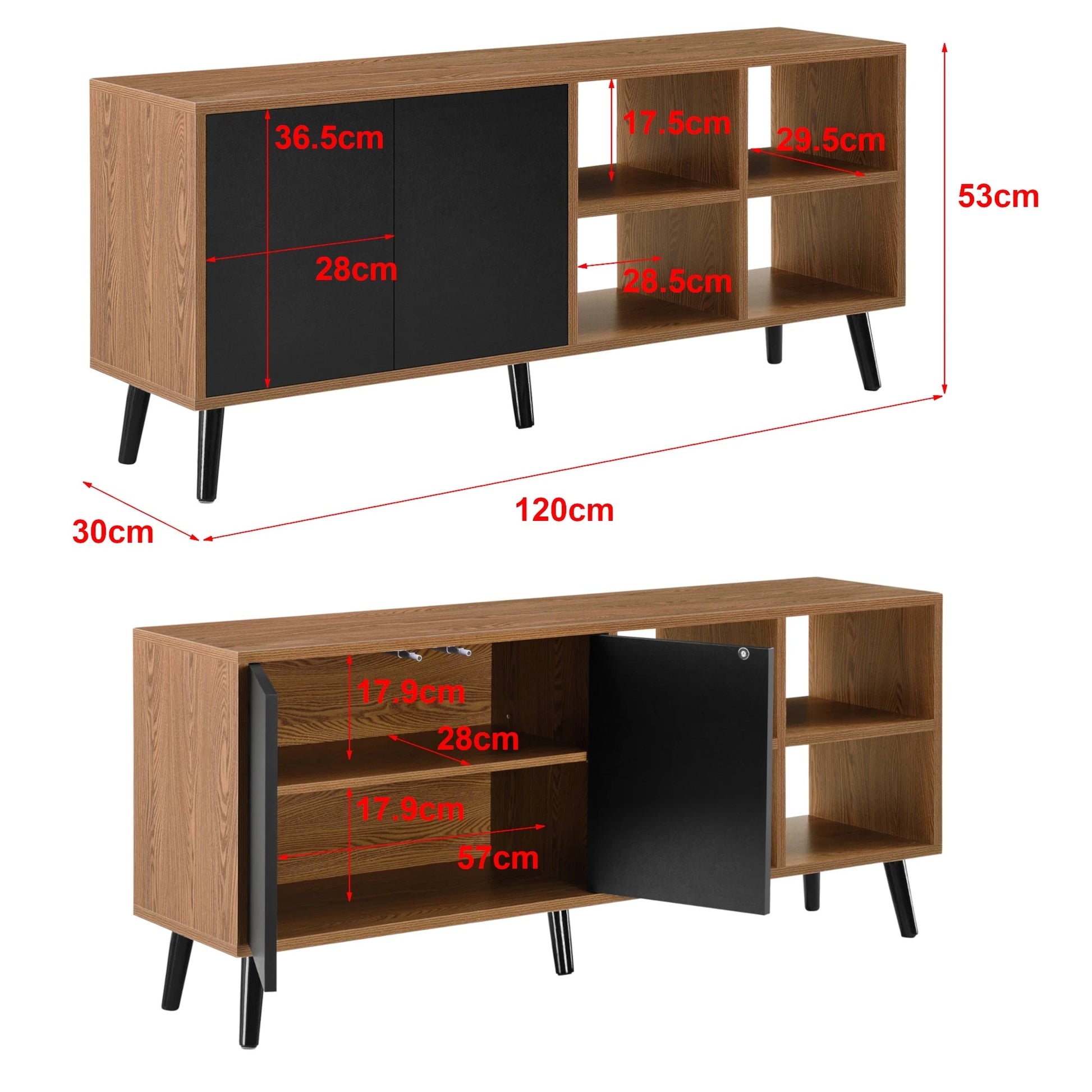 In And OutdoorMatch Ladekast Jessyca - 53x120x30 cm - Zwart en Houtkleurig - Spaanplaat en Metaal - Stijlvolle uitstraling Kast