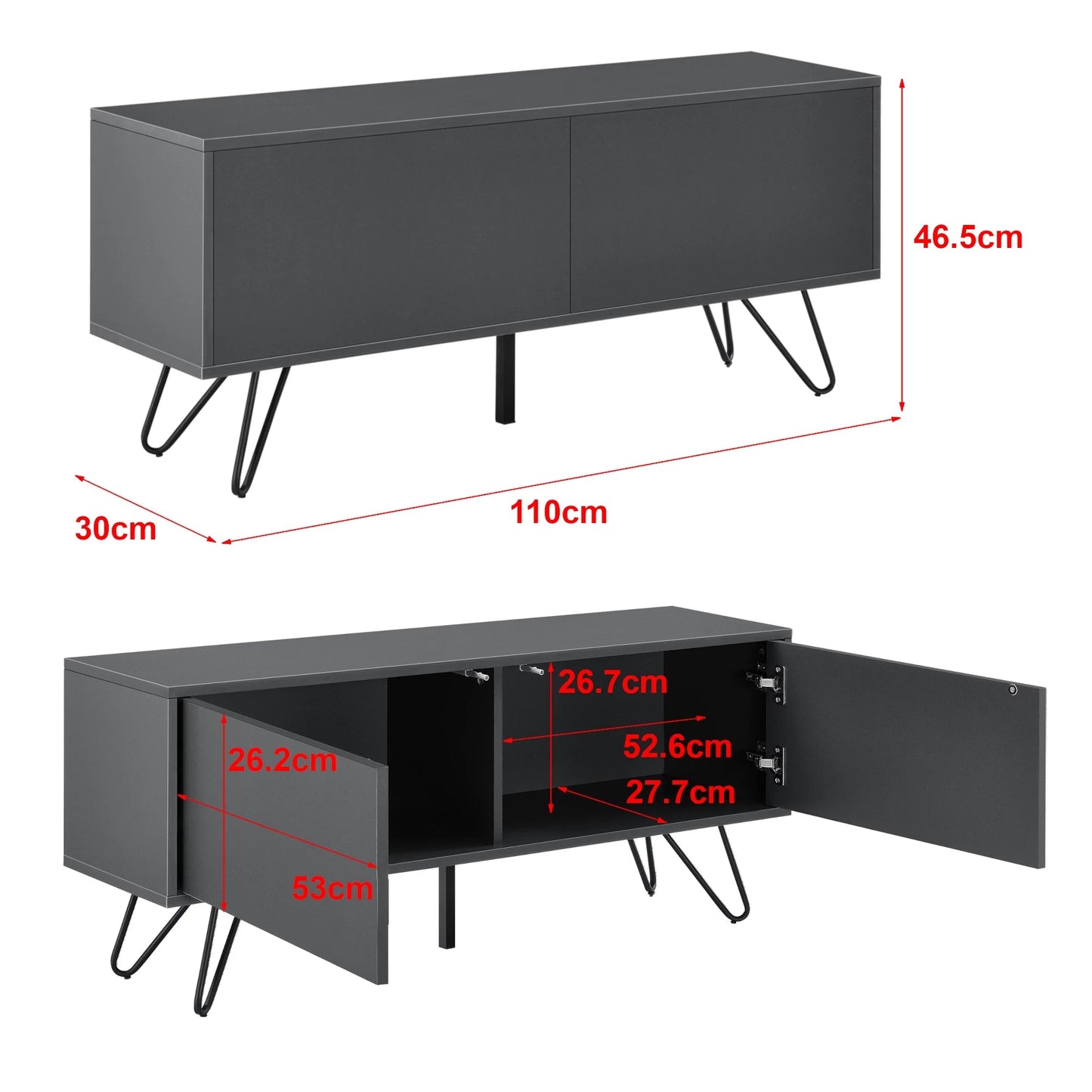 In And OutdoorMatch Ladekast Lamont - 46,5x110x30 cm - Donkergrijs en Zwart - Spaanplaat en Metaal - Stijlvol Design Kast