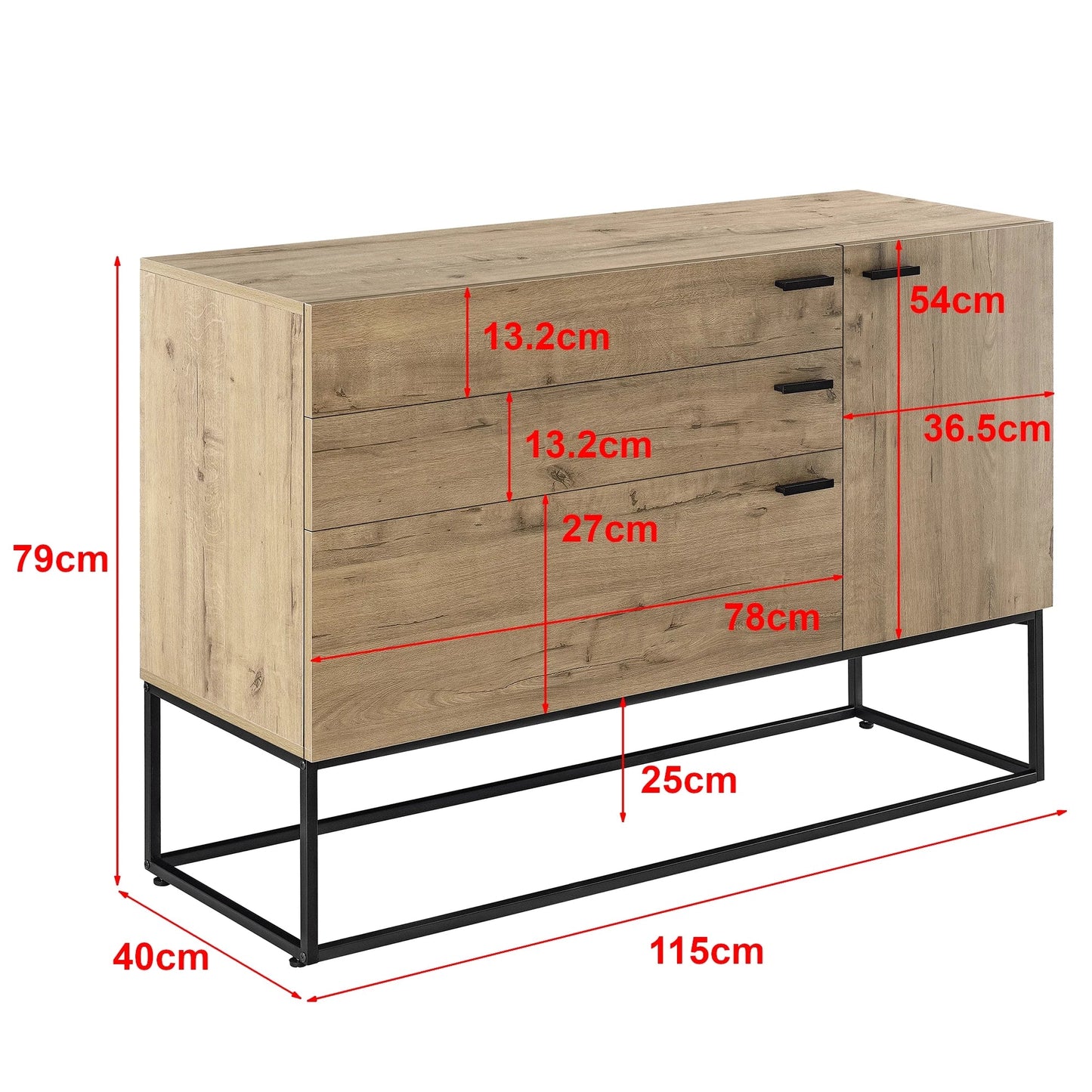 In And OutdoorMatch Ladenkast Domenick - Commode - 79x115x40 cm - Zwart en Eikenkleurig - Staal en Spaanplaat - Modern Design Bijzetttafel