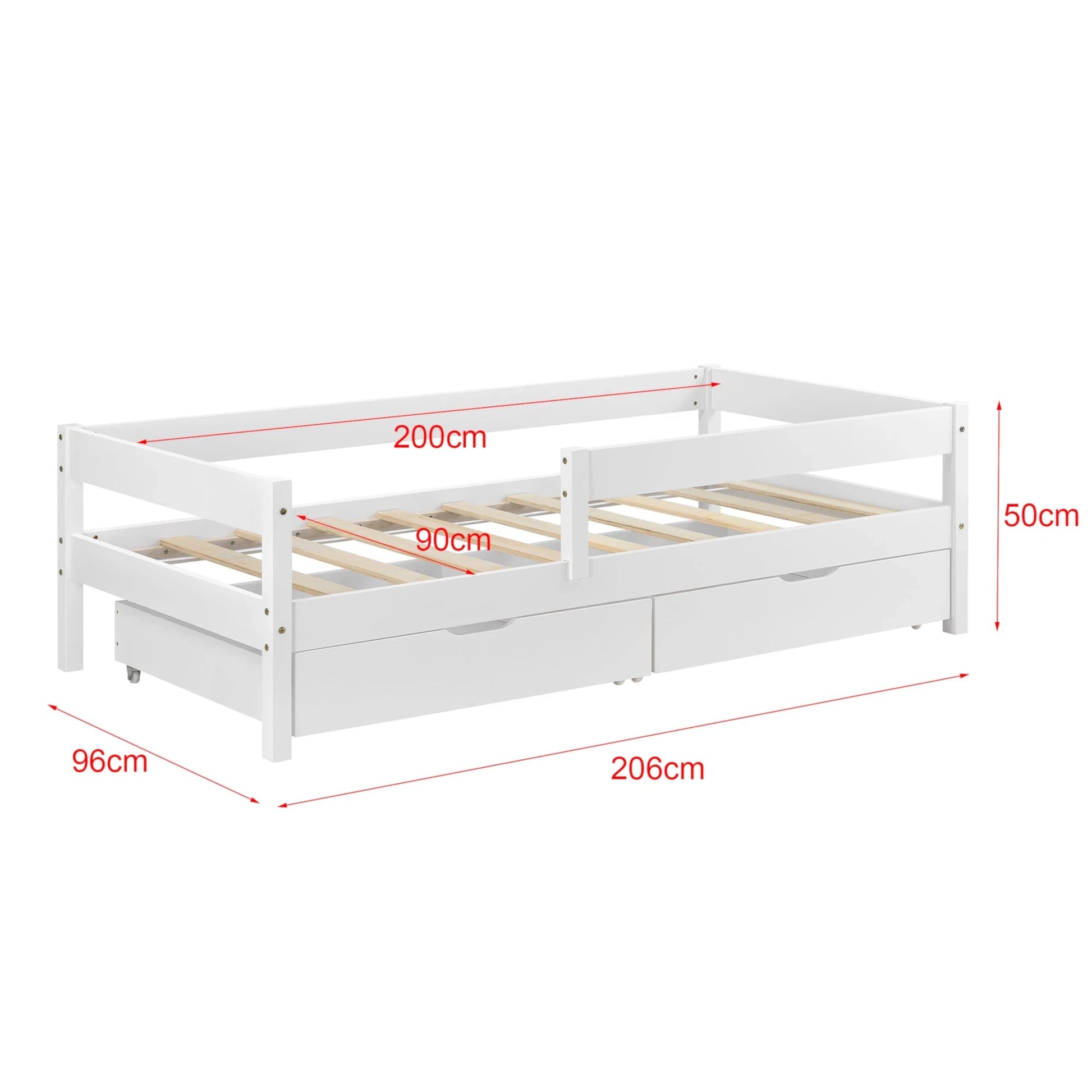 In And OutdoorMatch Ledikantbed Jazmyne - Met valbeveiliging - En 2 Laden - 90x200 cm - Wit - Sparrenhout en Spaanplaat - Voor meisjes - Voor jongens Eén persoon slapen