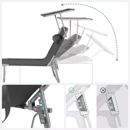 In And OutdoorMatch Ligbed Brice Bethany - Zonnebank - Met parasol - Ligbed tuin - Loungebank - Zwart - 193x55x30cm Lounge stoel